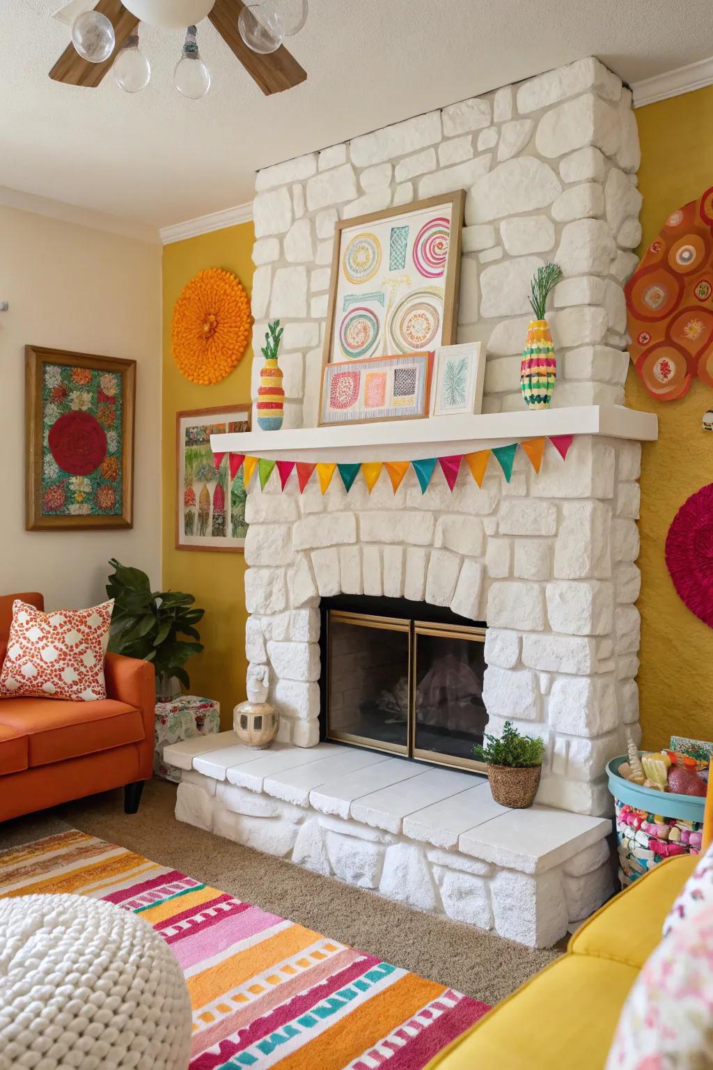 A subdued stone fireplace allows vibrant colors in the room to stand out.