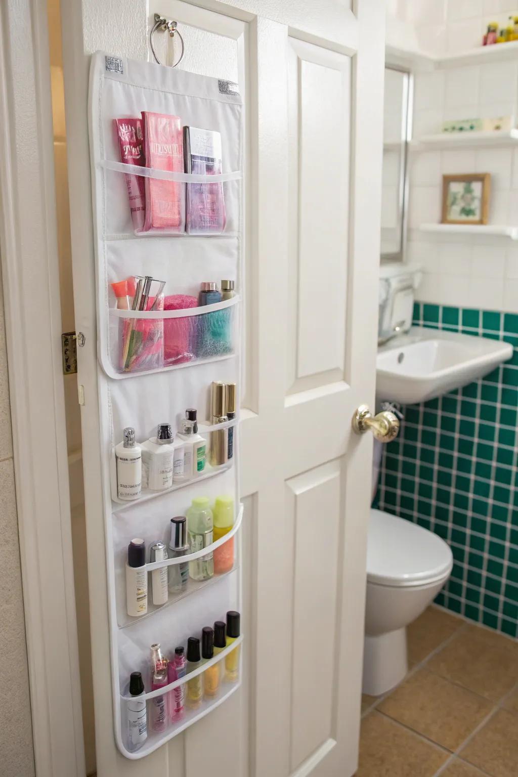 Stick-on organizers keep cosmetics within easy reach.