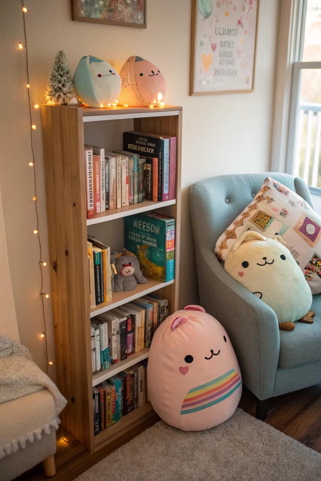 Bookshelves can creatively store and display Squishmallows alongside books.