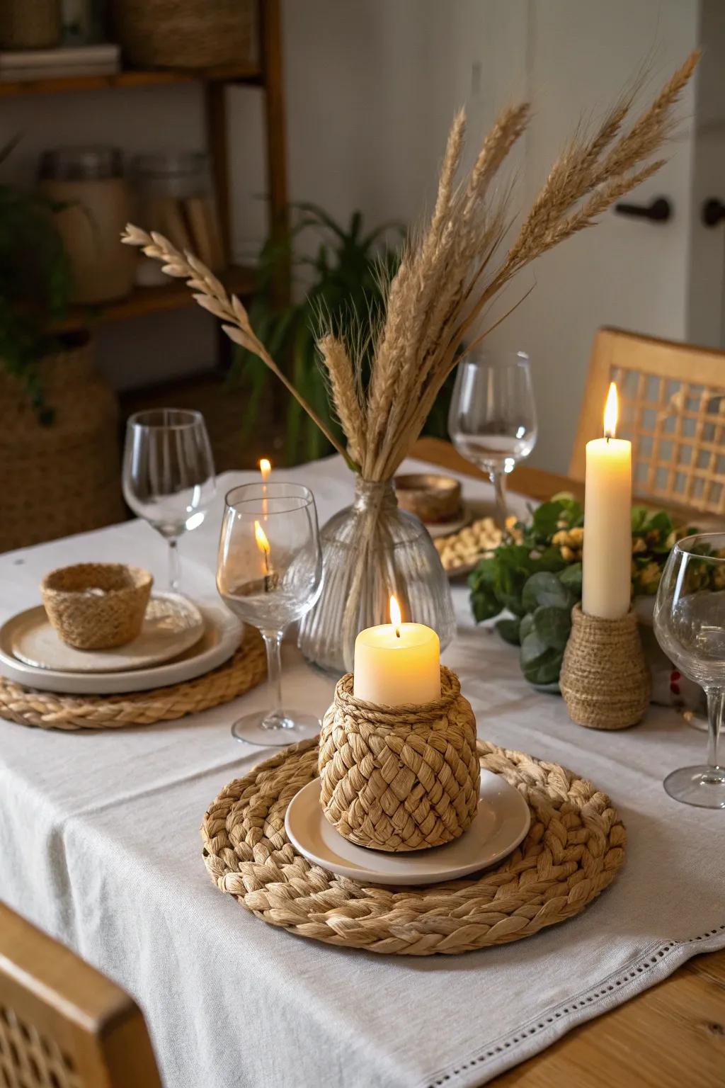 Create a warm atmosphere with straw candle holders.