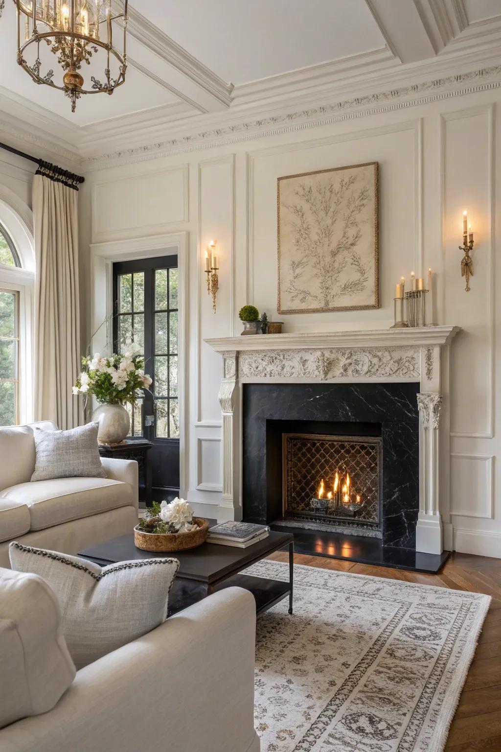 A classic black and white stucco fireplace adds timeless elegance to this living room.