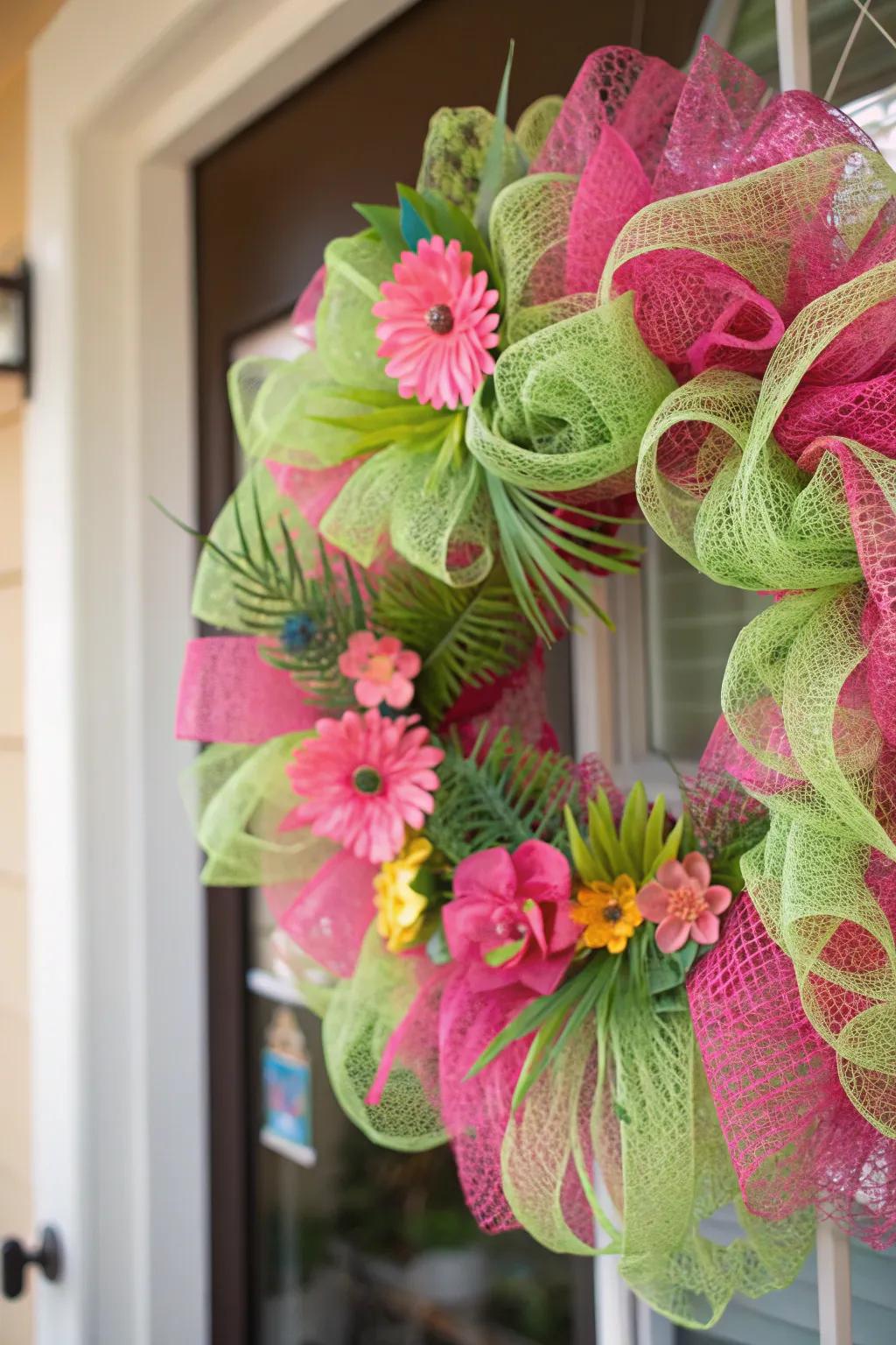 A tropical fiesta mesh wreath that livens up any doorway.