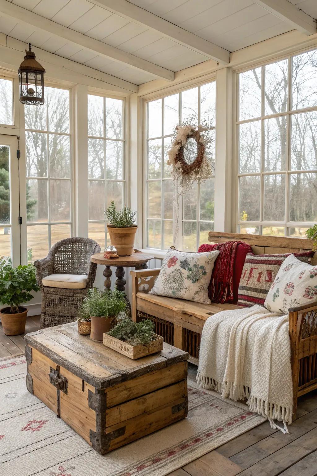 A sunroom boasting a rustic farmhouse vibe, filled with warmth and character.