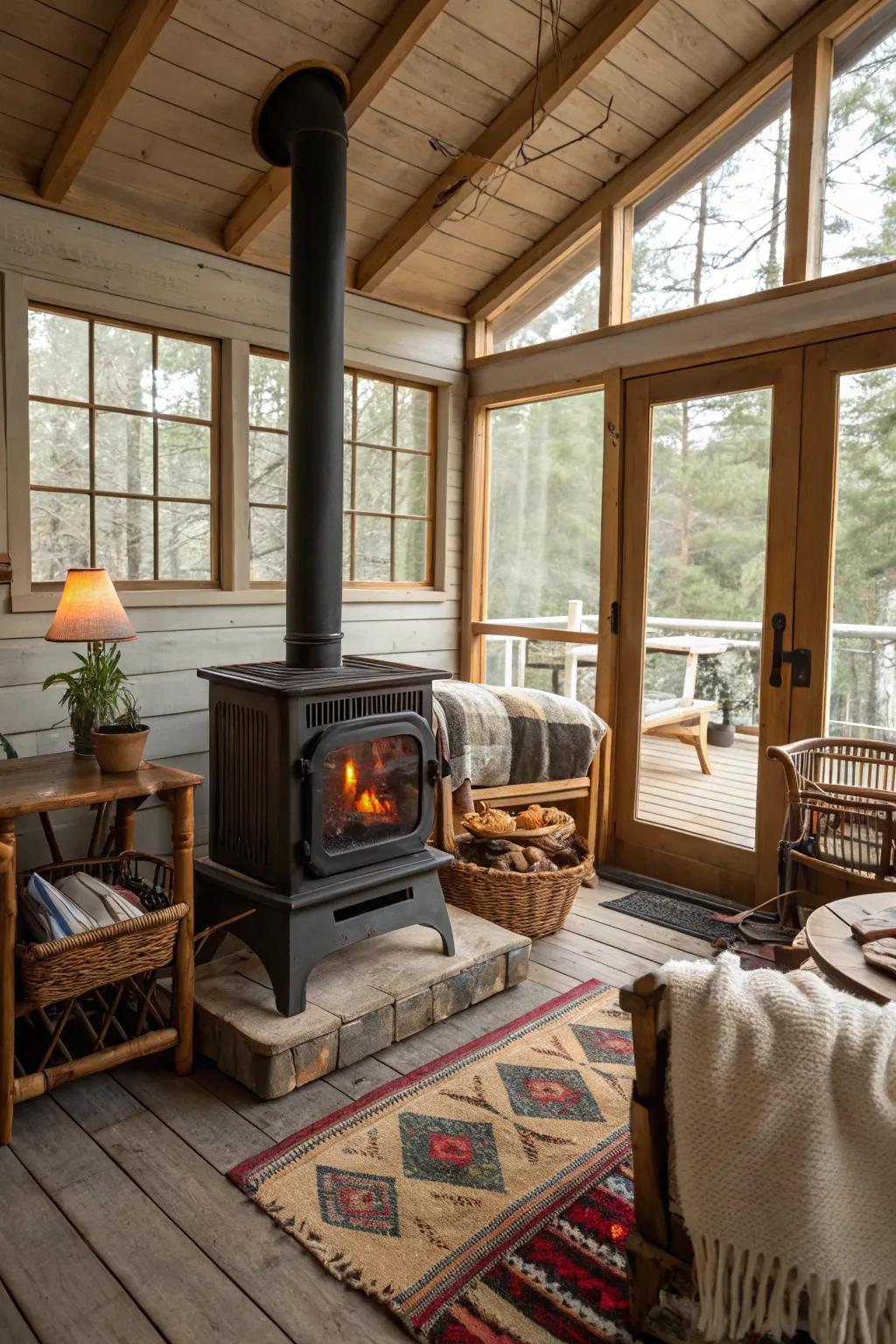 A rustic wood-burning stove bringing countryside charm to a cozy sunroom.