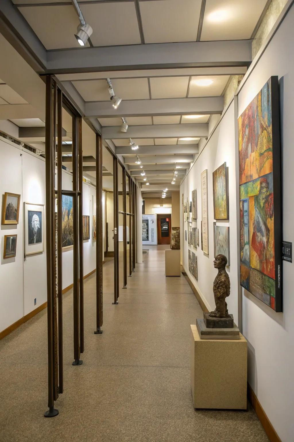 Hallway with art and decor items enhancing the beams.