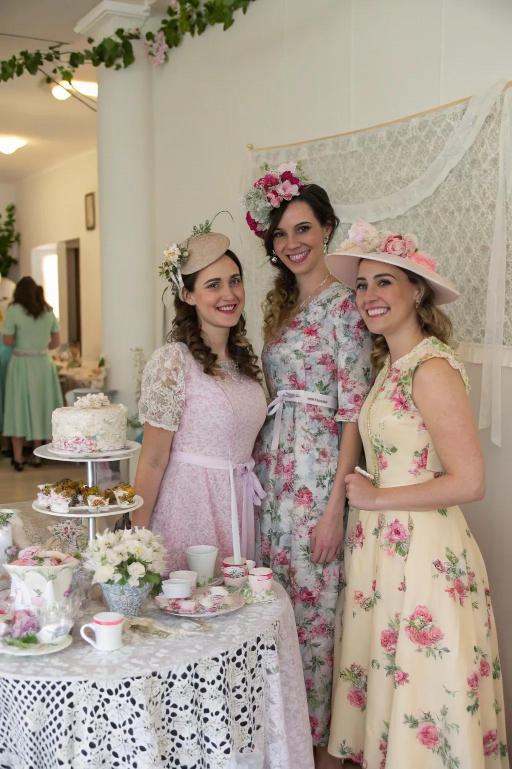 Tea party attire adds an elegant touch to the celebration.