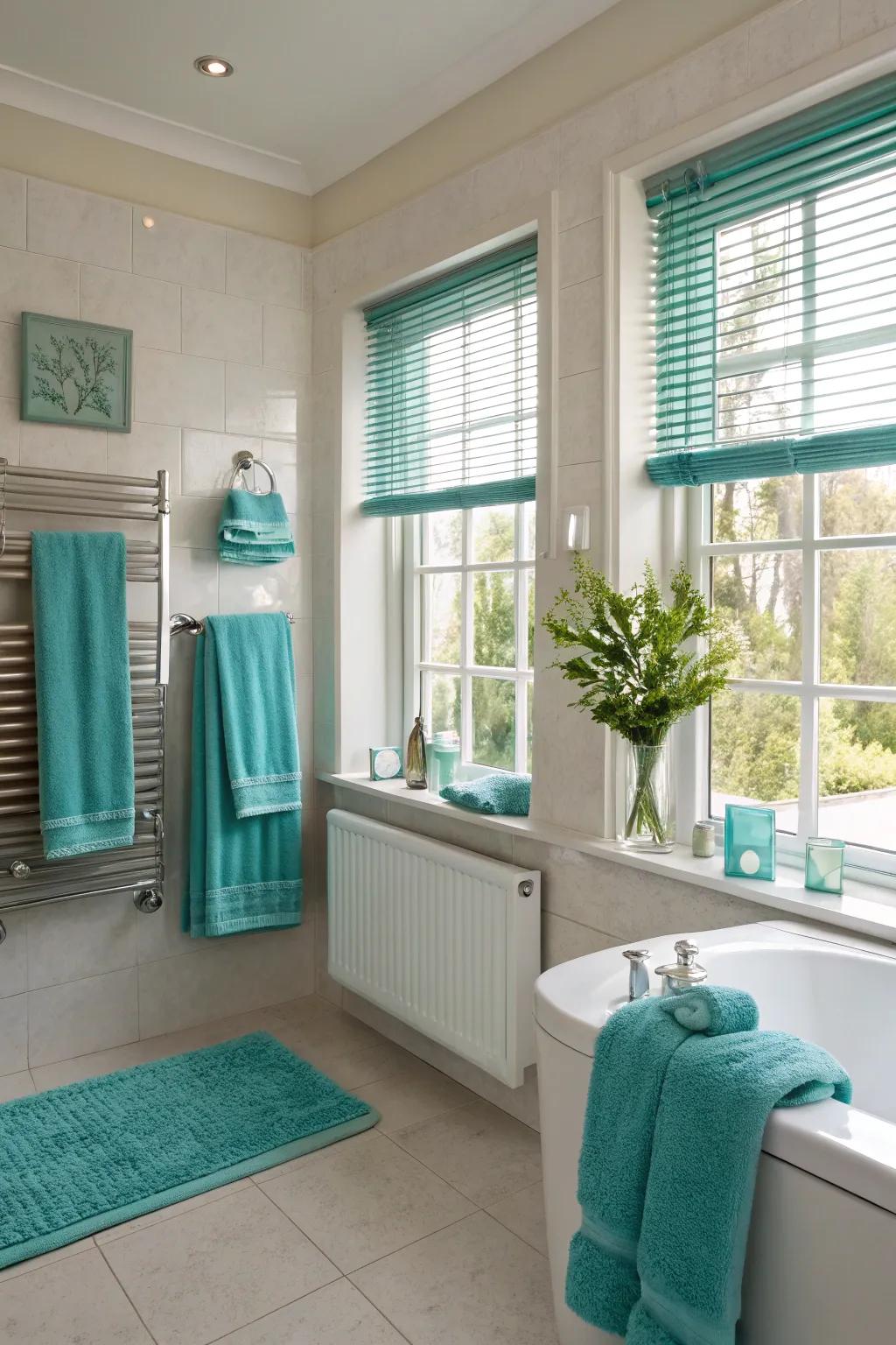 Teal accessories adding a fresh touch to the bathroom.