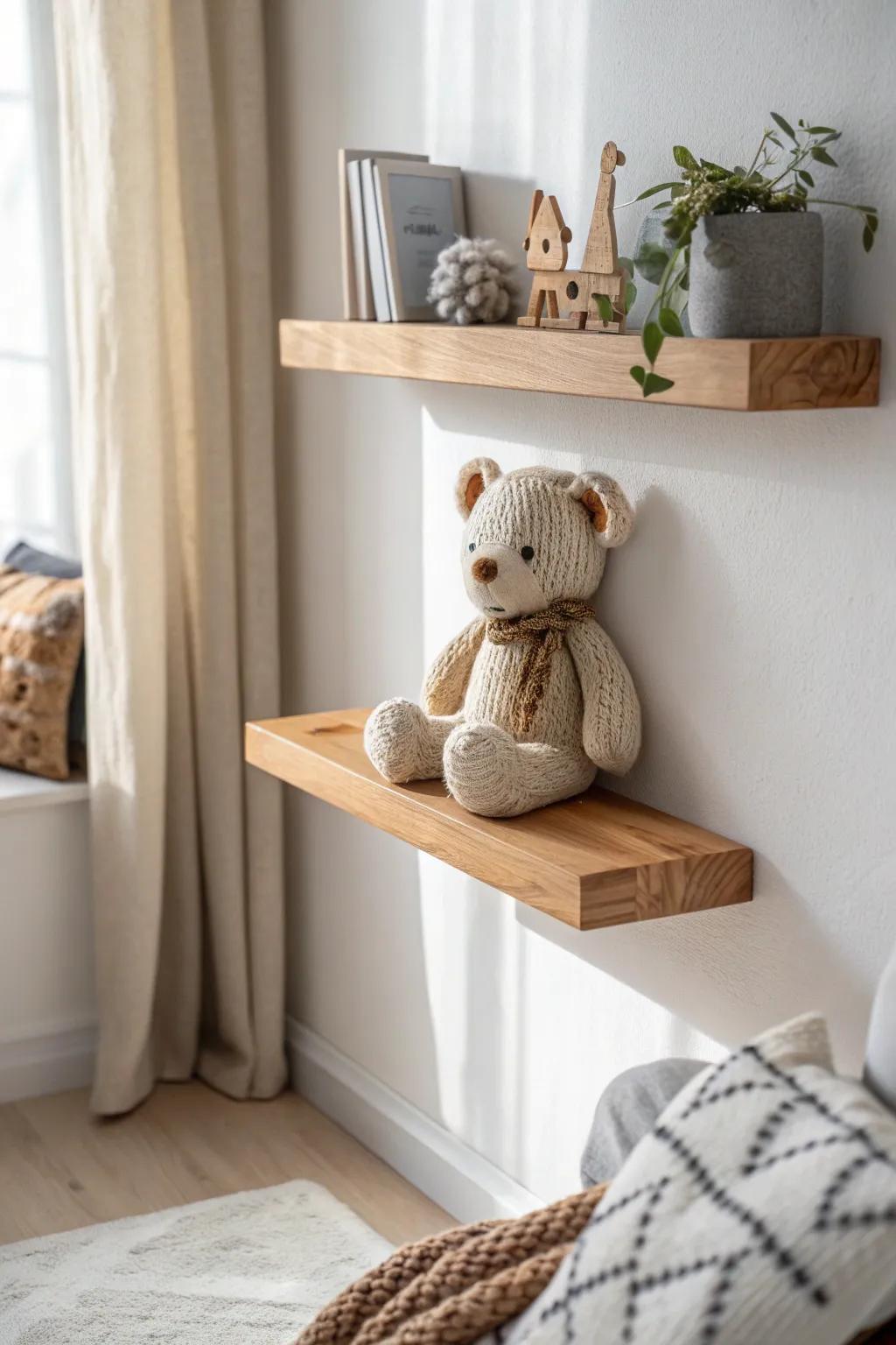 Elevate your decor with the magic of floating shelves—where every teddy becomes a charming centerpiece.