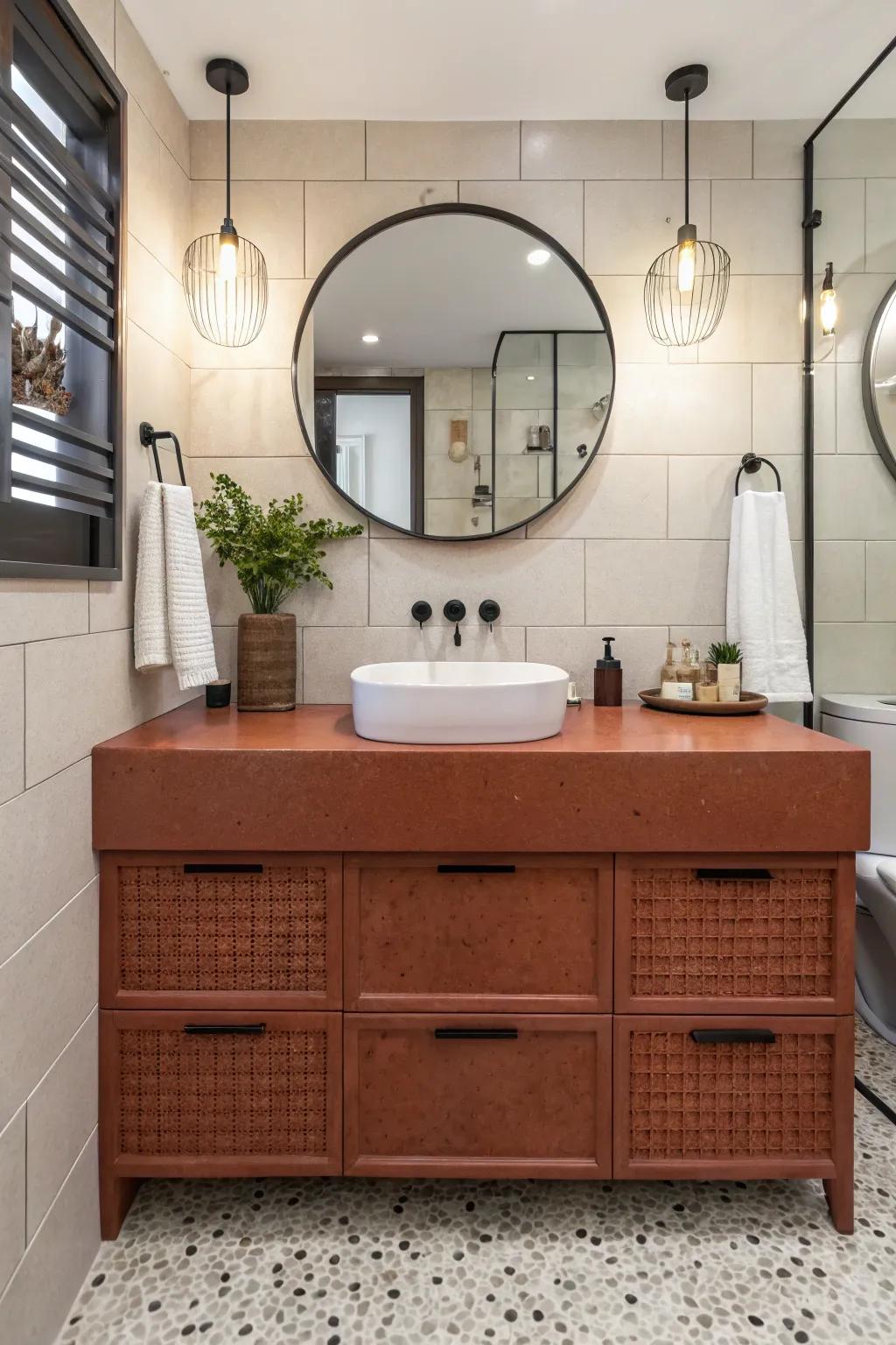 A distinctive terra cotta vanity serves as the bathroom's focal point.