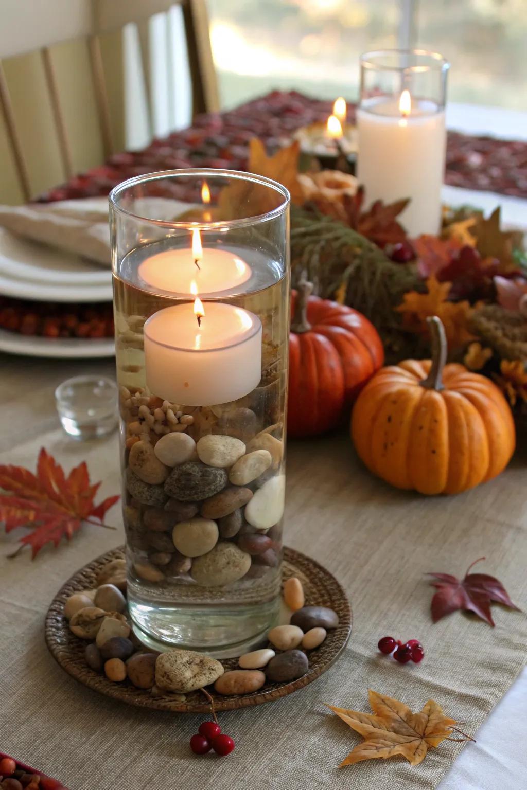 Earthy pebbles and floating candles create a serene and grounded Thanksgiving centerpiece.