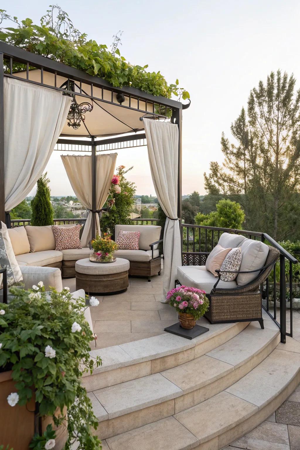 Cozy lounge corners invite relaxation and comfort on a tiered patio.