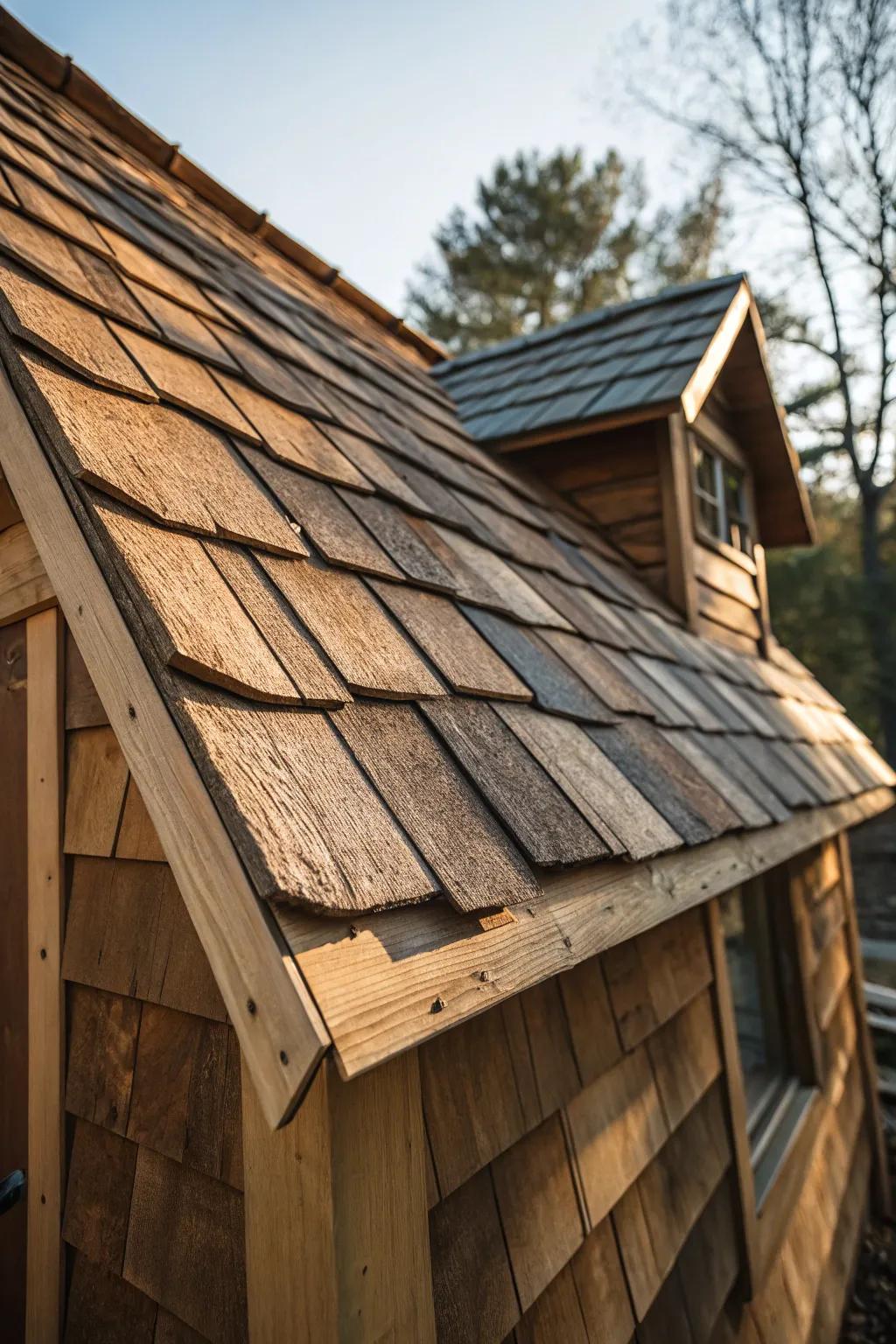 Experience the timeless charm of rustic wood shingles on your tiny house roof.