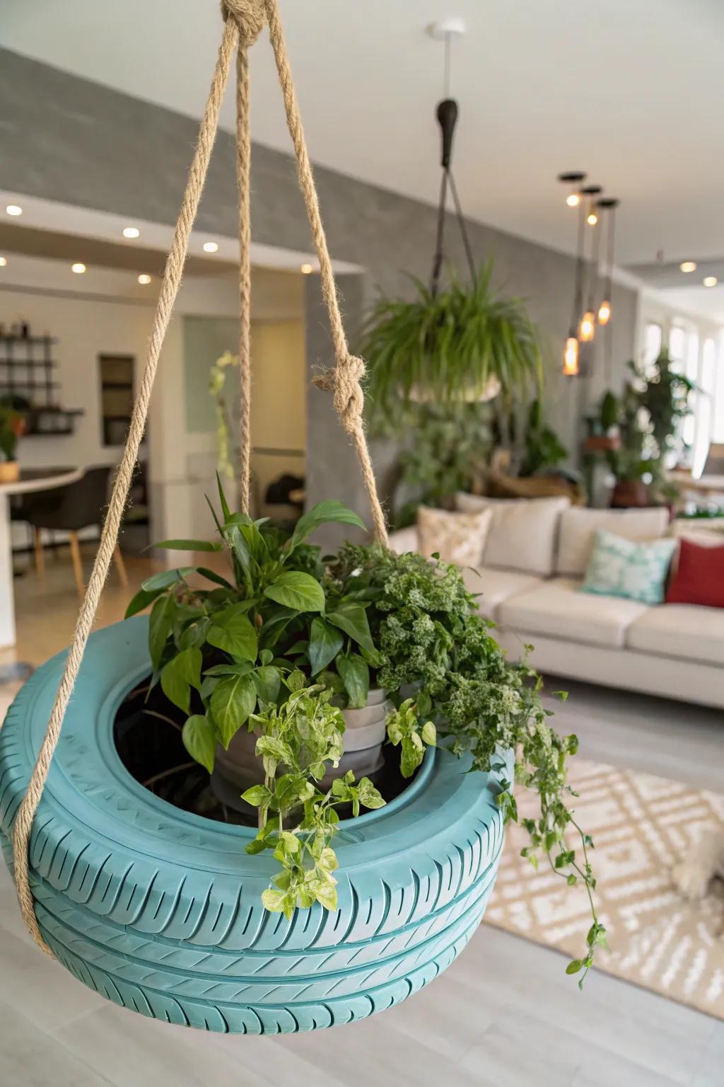 Elevate Your Space with a Hanging Tire Planter