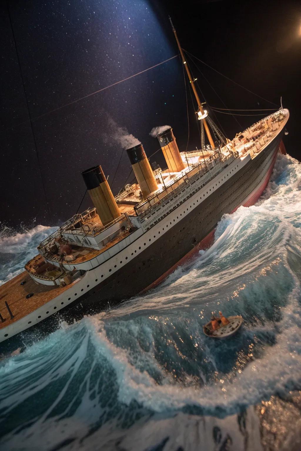 Experience the drama of the Titanic's final moments with this stunning diorama, a masterpiece of miniature storytelling.