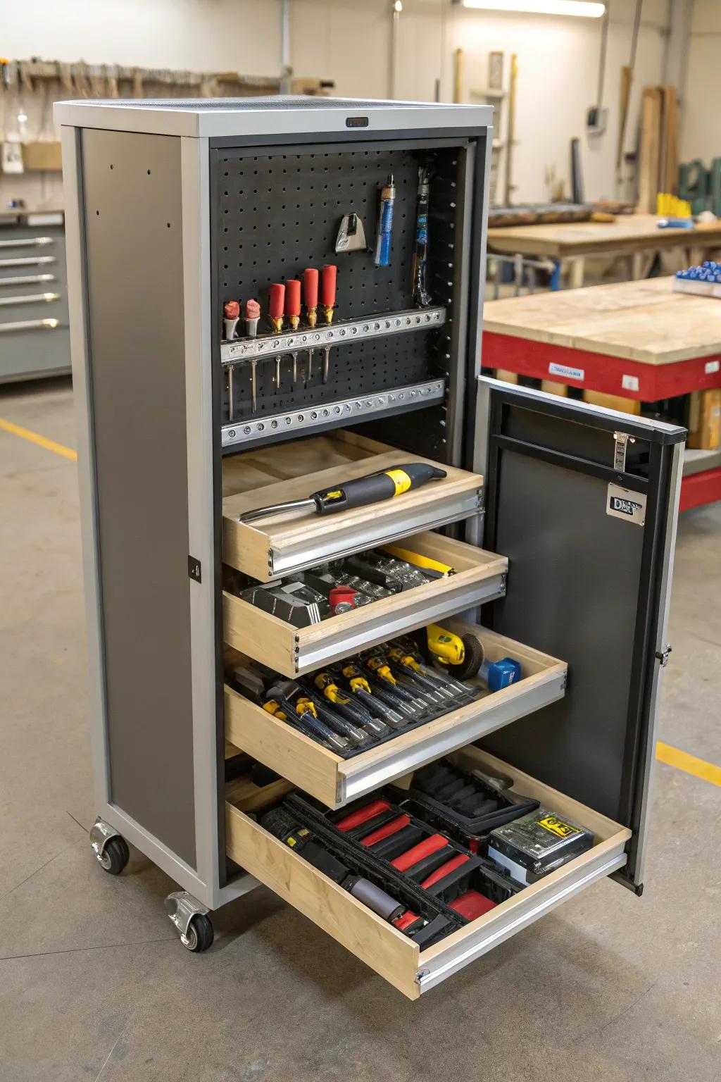 Sliding shelves for easy access in a tool crib.