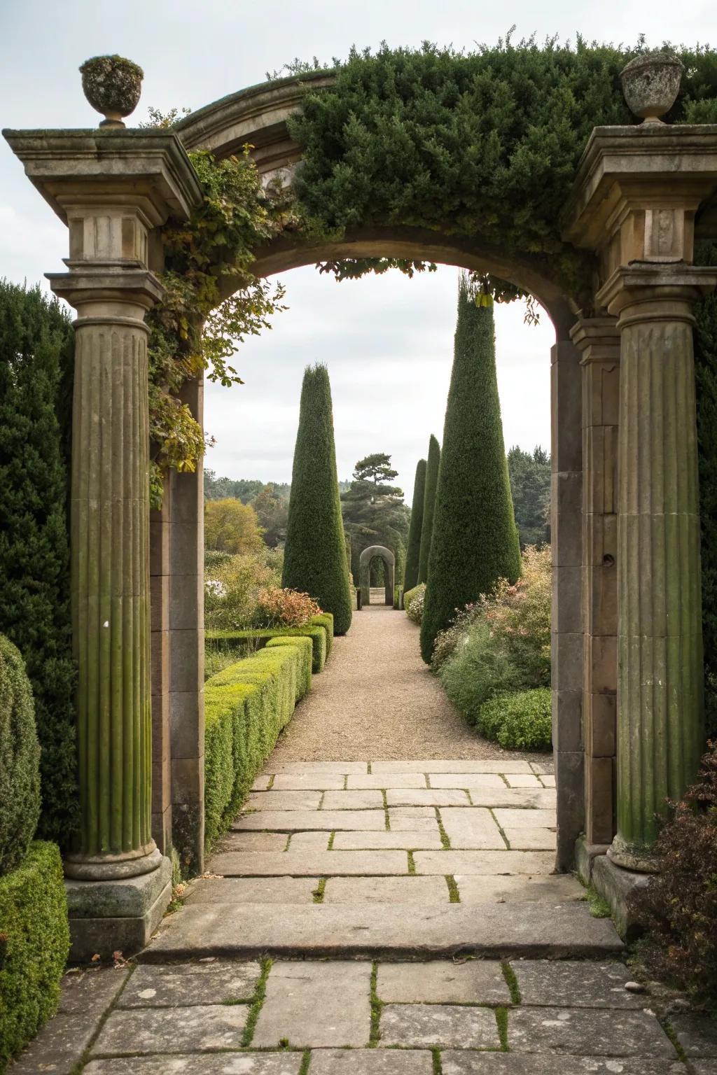 Columnar topiary providing a grand entrance to the garden.