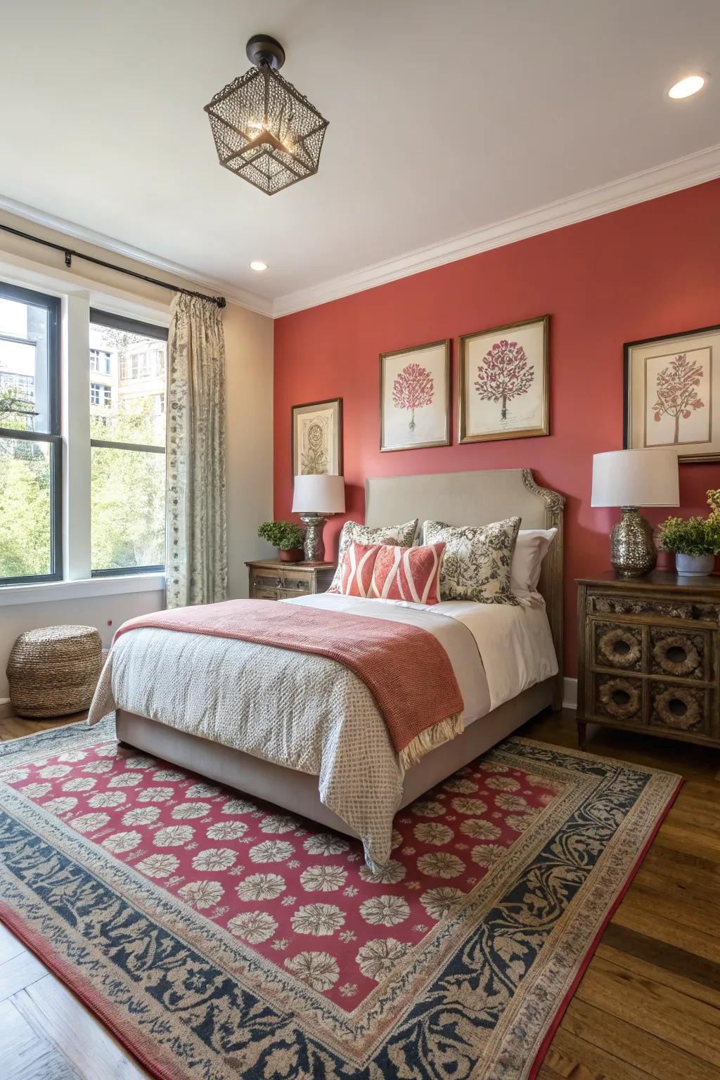 A bold accent wall invigorates this townhouse bedroom with color and style.