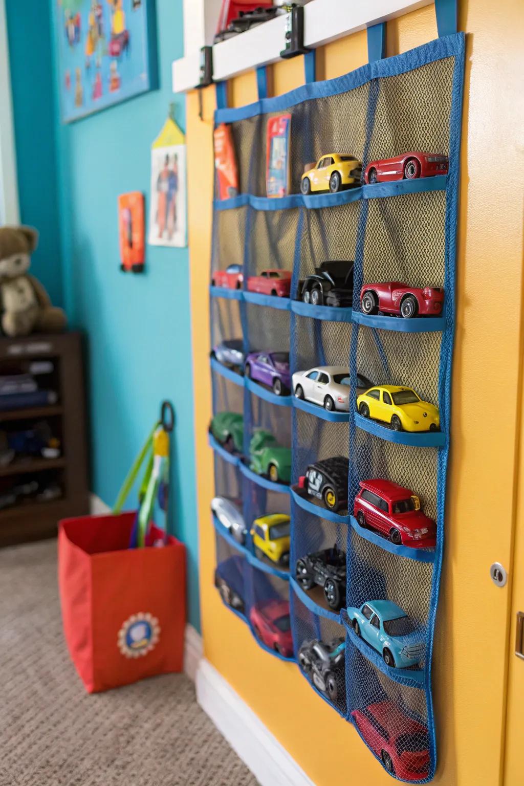 A hanging mesh organizer efficiently displaying toy cars.