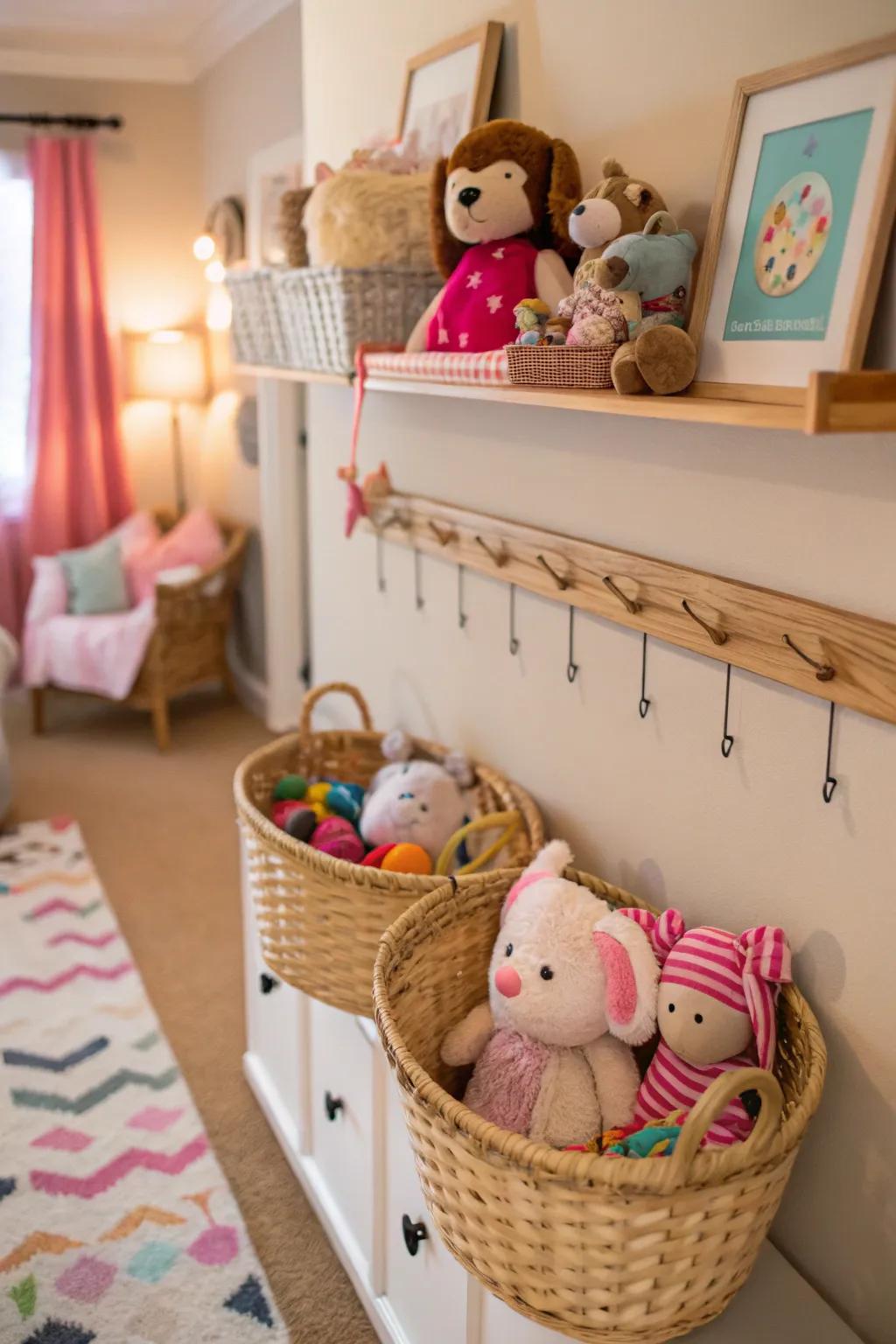 Wall hooks with baskets for creative toy storage.