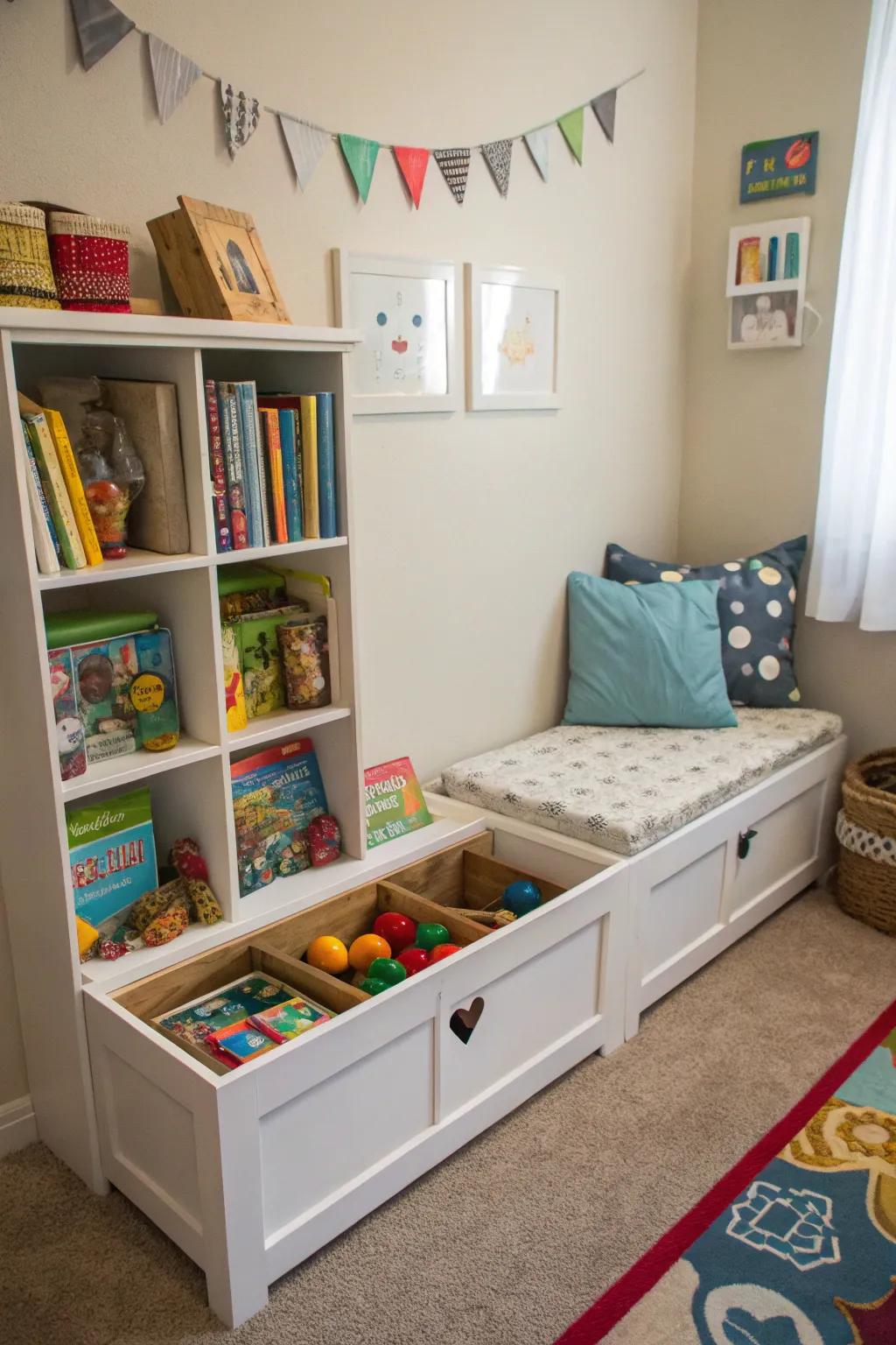 A storage bench toy box provides seating and storage in one compact piece.