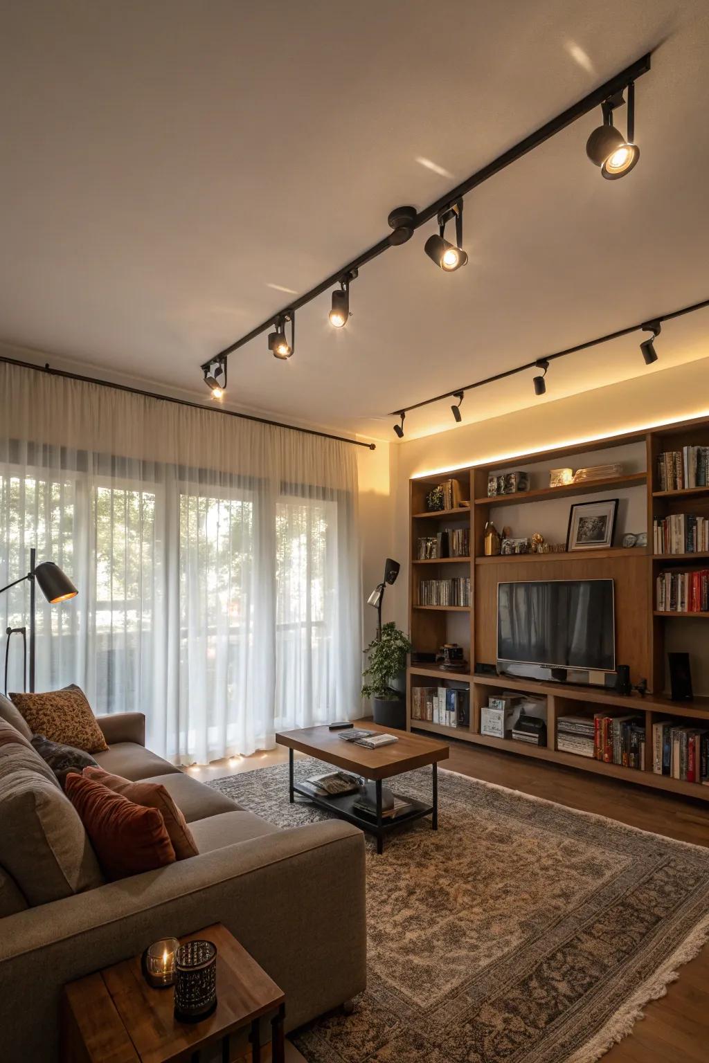 Layered lighting creating depth and atmosphere in the living room.