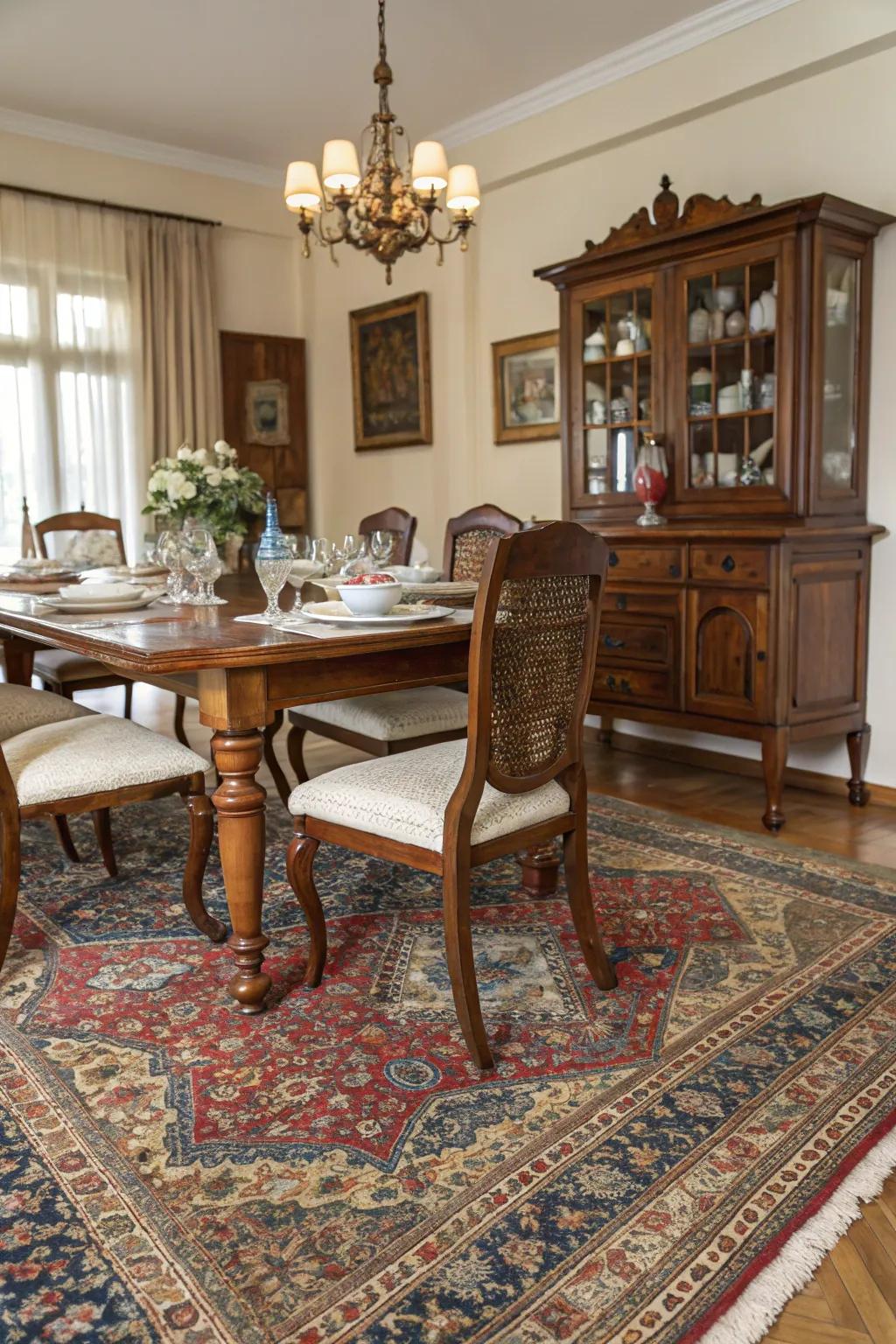 A Persian rug adds texture and character to the dining room floor.