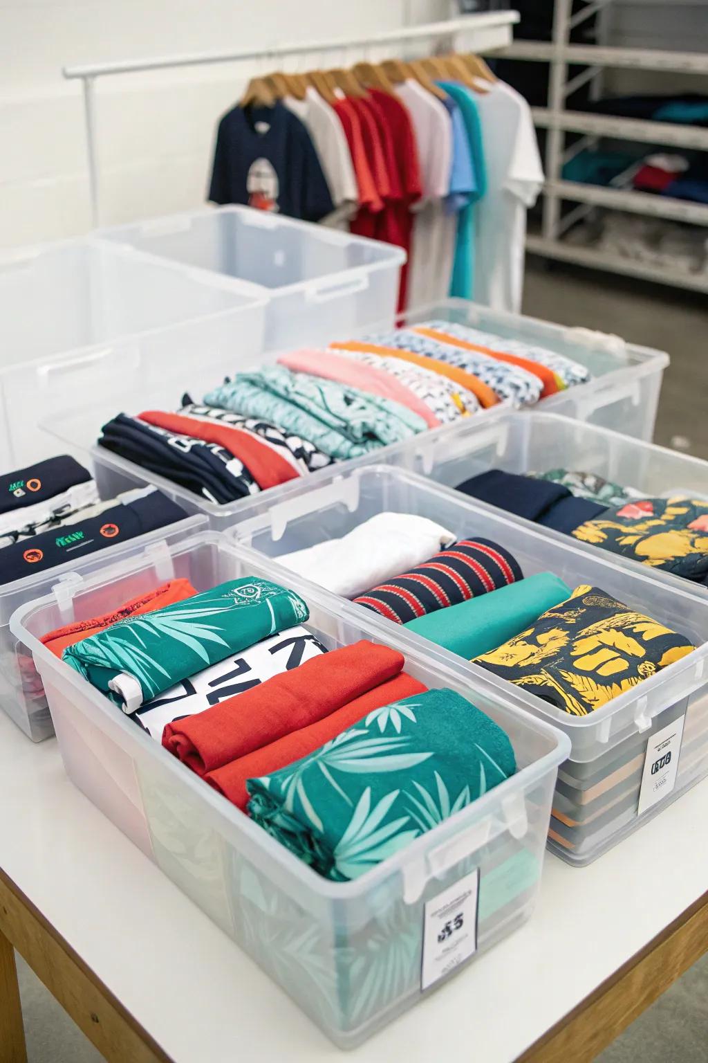 T-shirts neatly organized in clear storage bins.