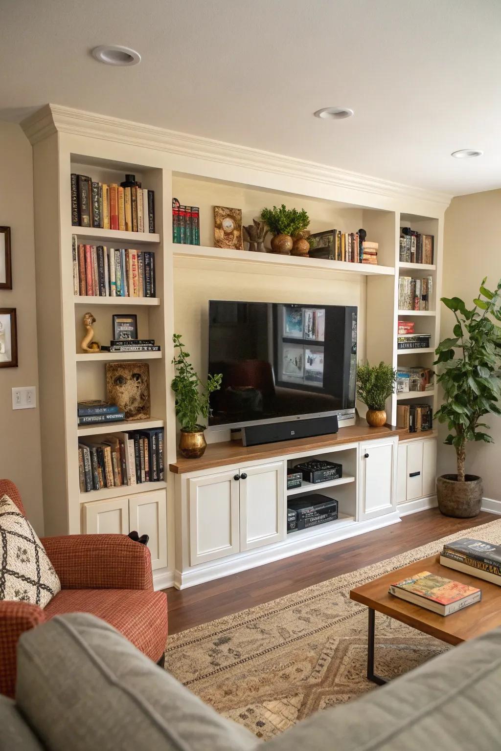 Bookshelves framing your TV create a library-like atmosphere.