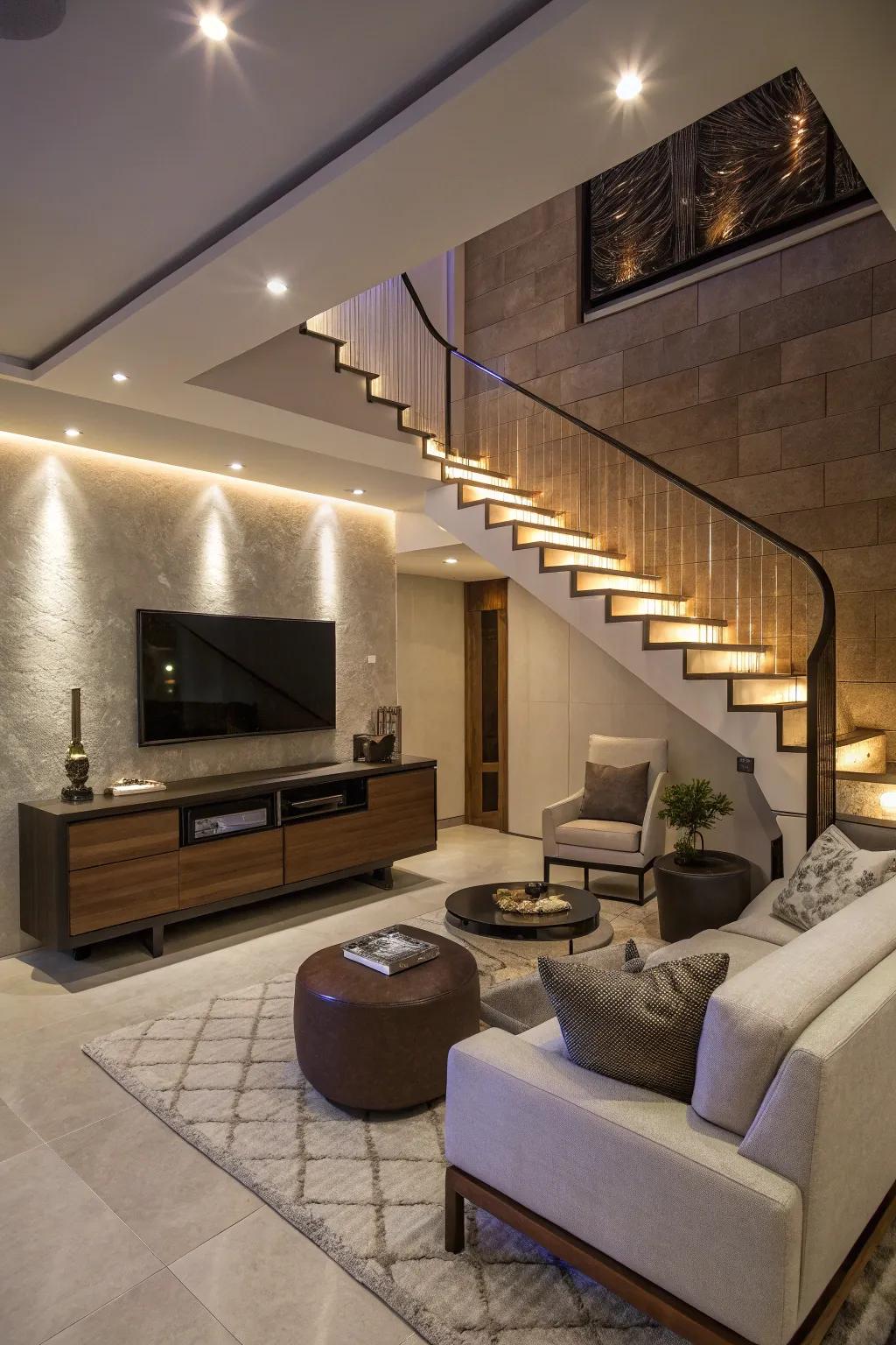 A chic entertainment hub with a TV unit under the stairs.