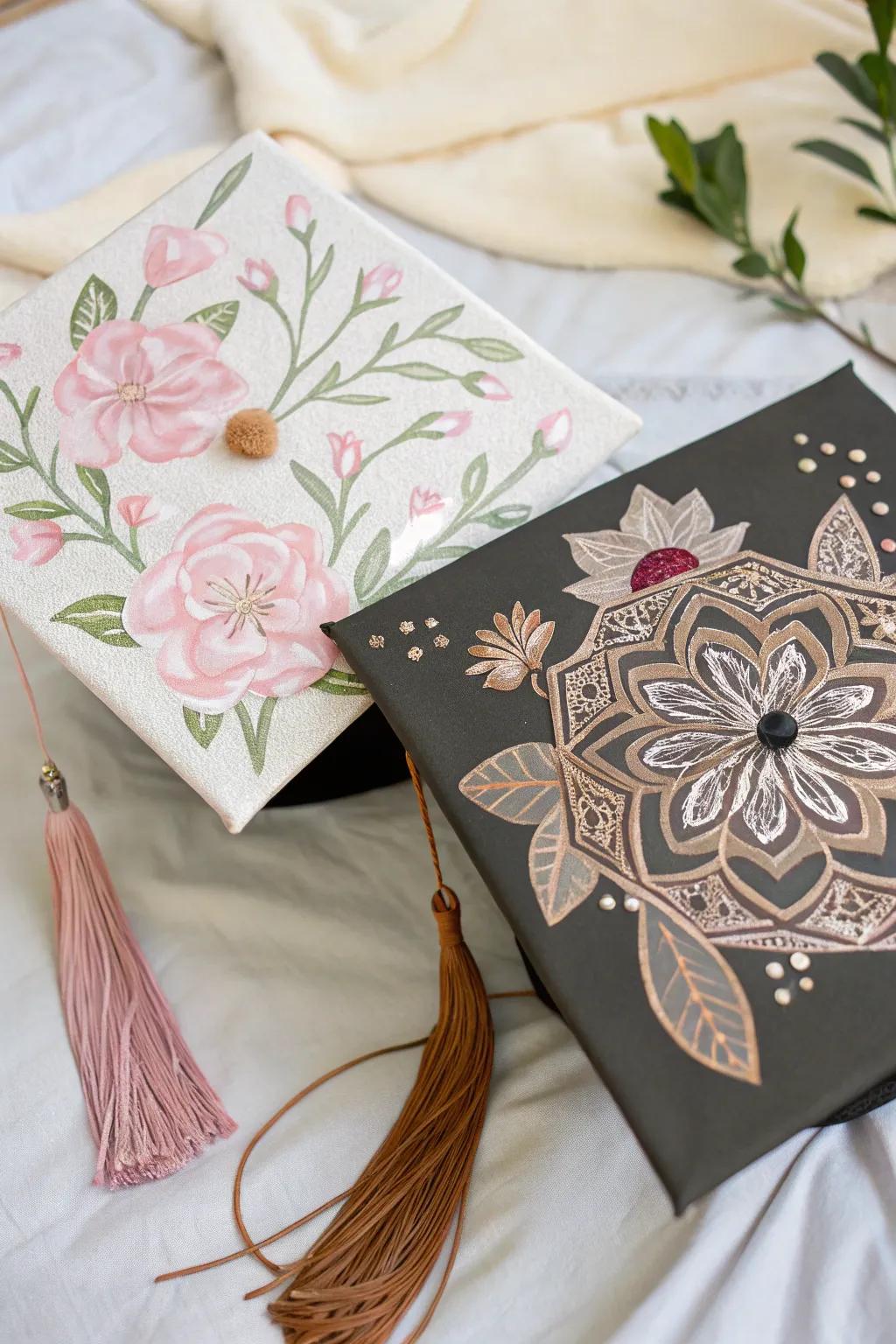 Celebrate individuality and unity with these uniquely crafted twin graduation caps. #GraduationStyle #MinimalistBoho