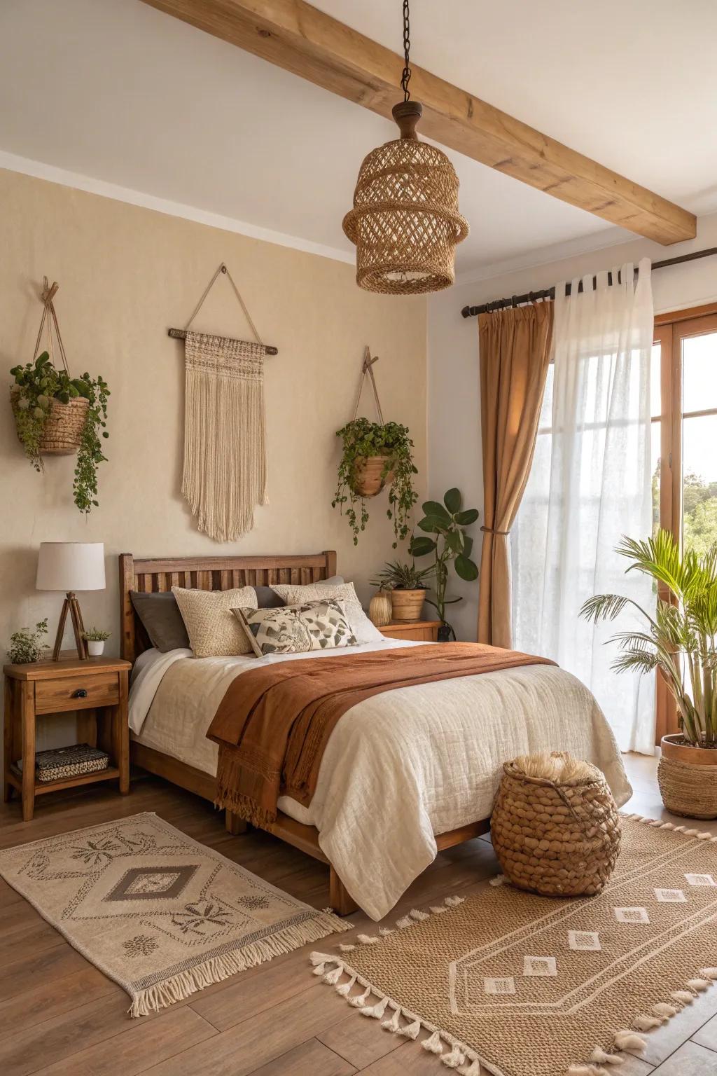 A calming and earthy two-tone bedroom in mocha and cream.