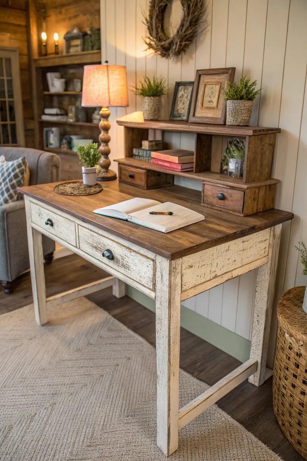 Rustic charm meets modern design in this serene desk setup.