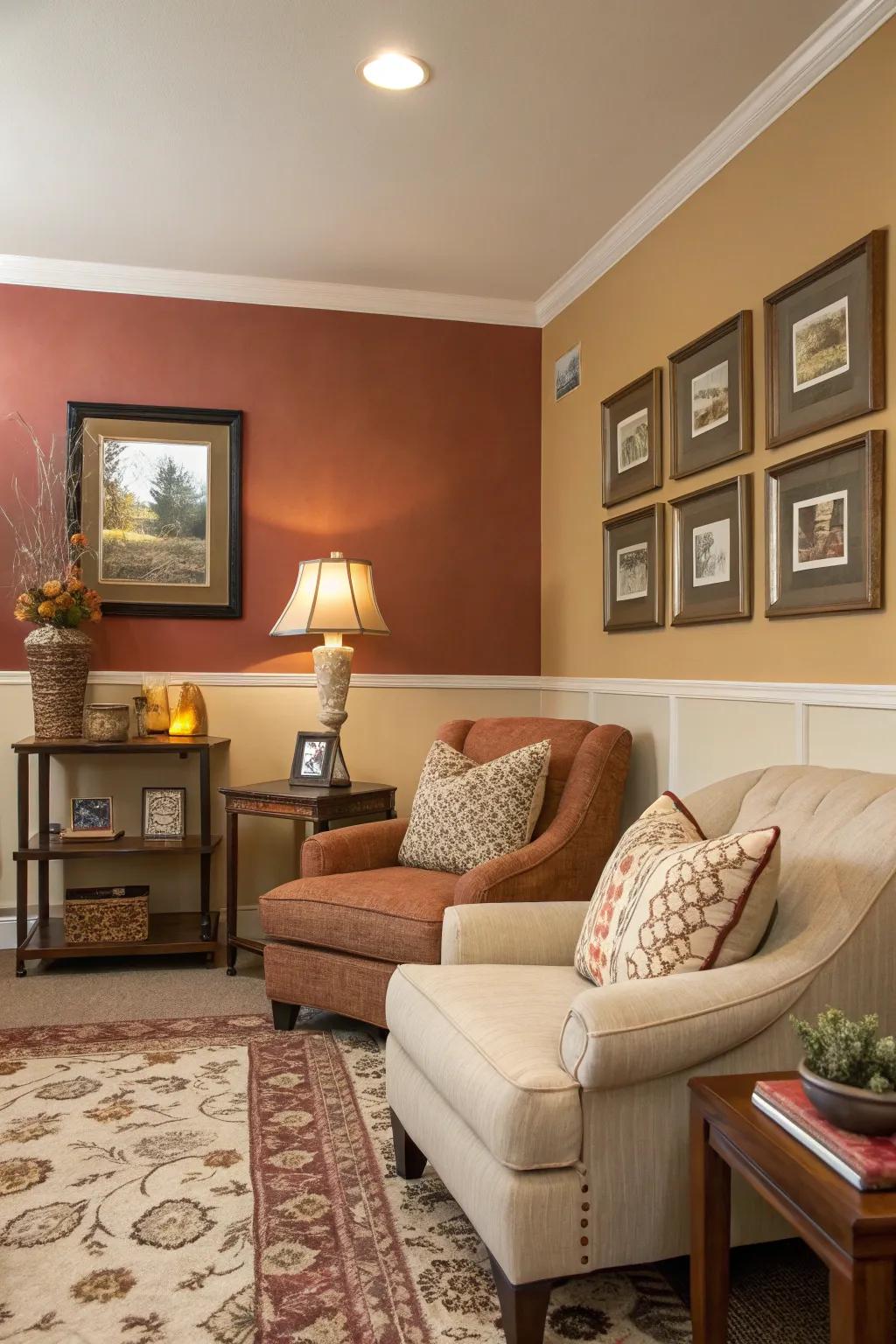 A cozy nook with a two-tone wall perfect for relaxation.