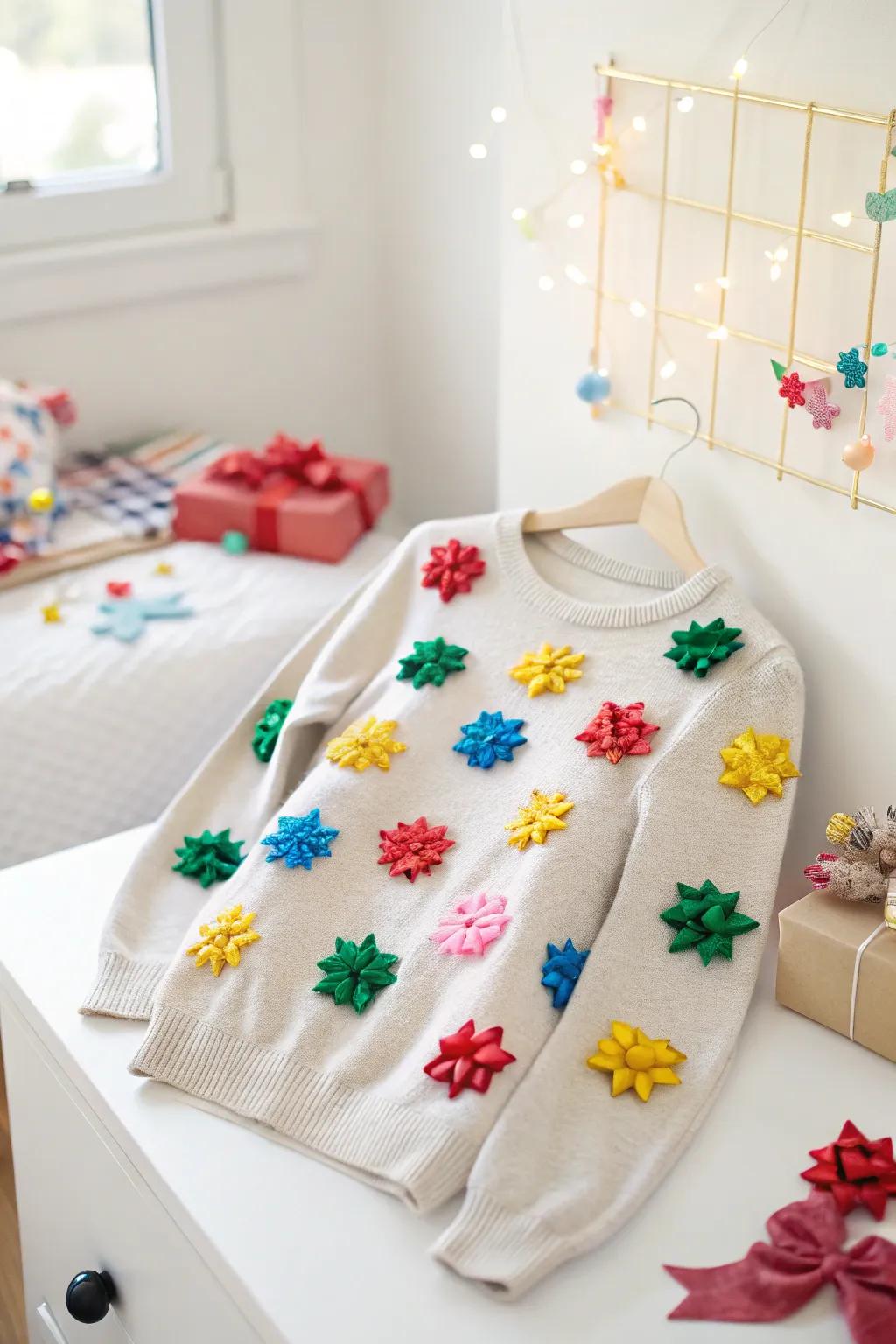 Shine bright with a cheerful bow extravaganza sweater.