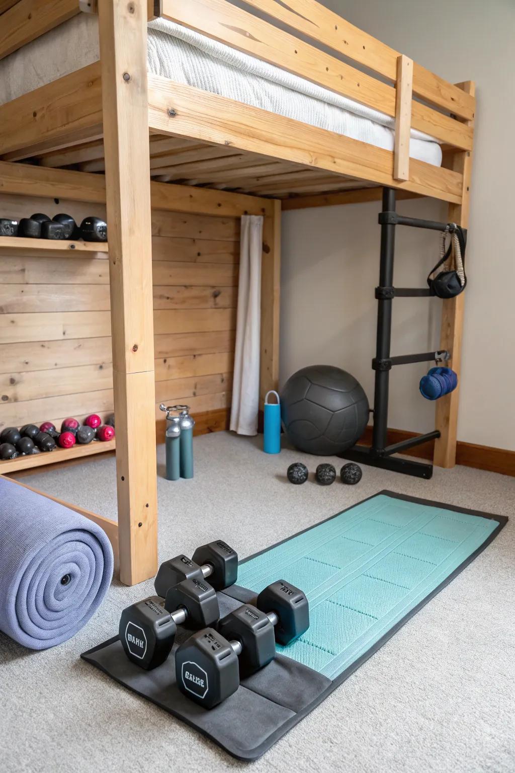 A compact fitness area under a loft bed.