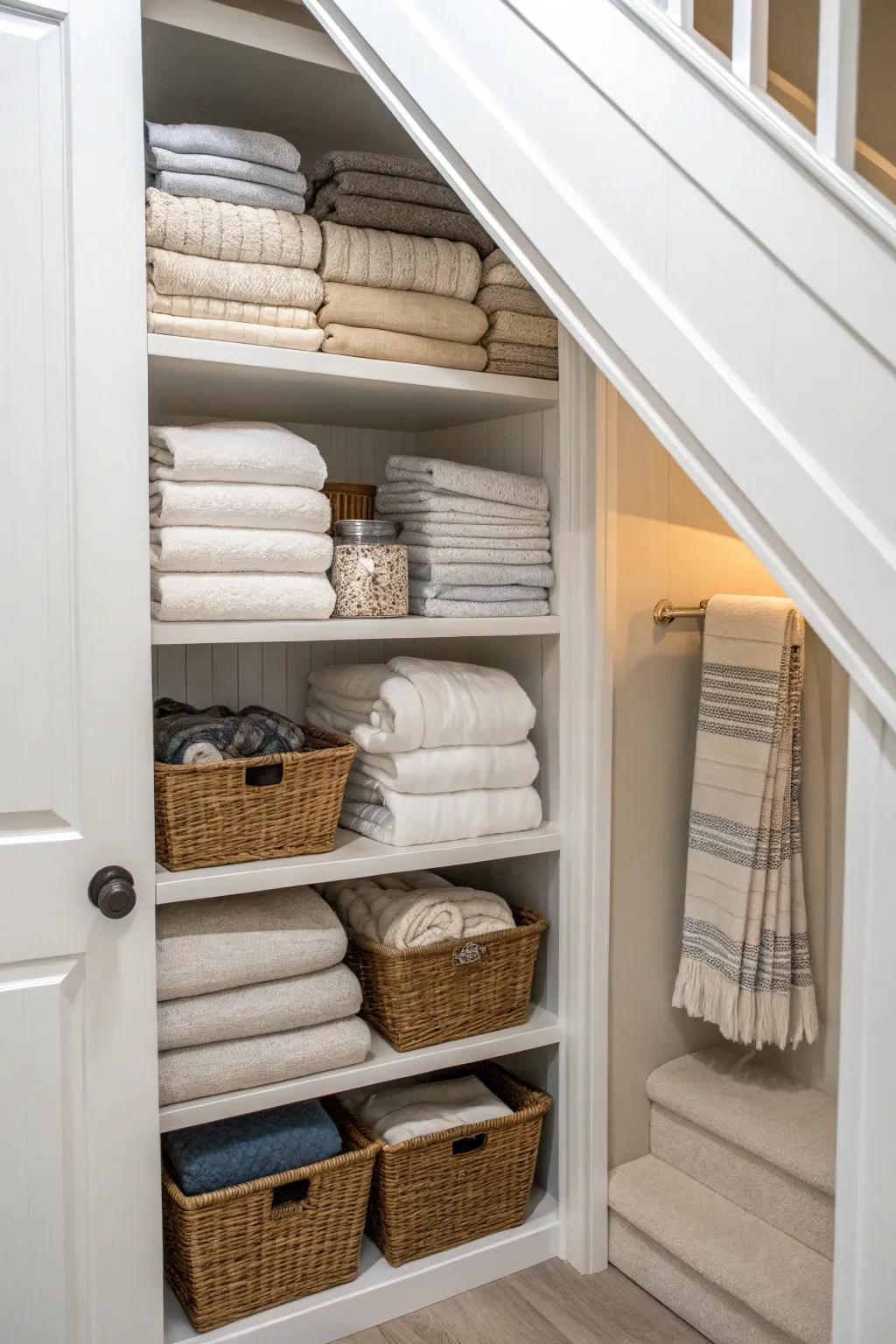 A convenient linen closet that makes the most of under stairs space.