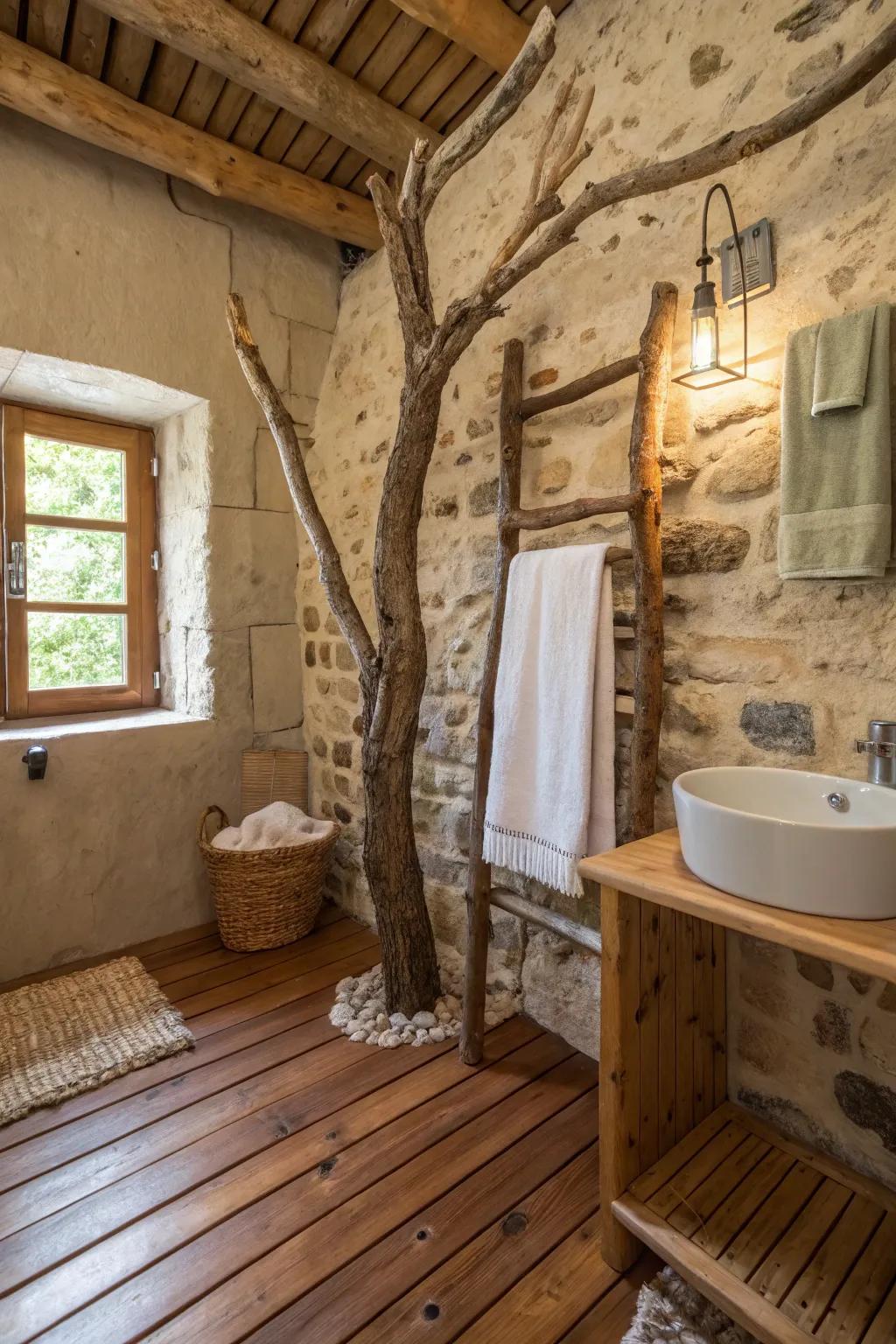 Embrace nature with a tree branch towel rack.