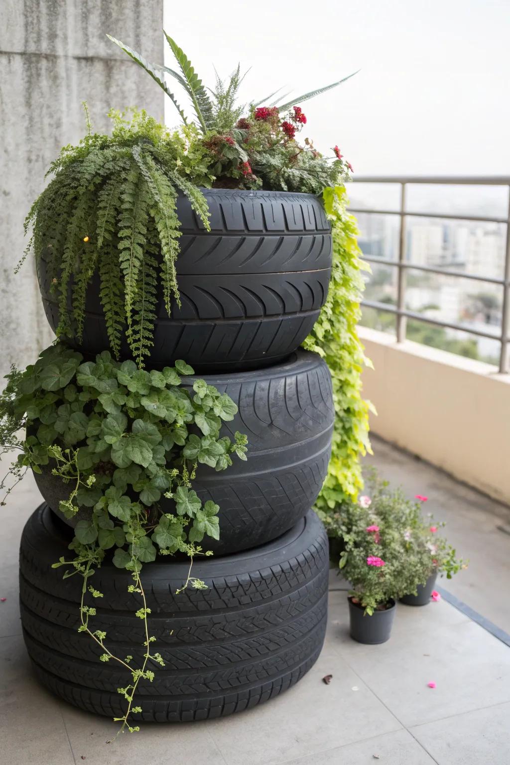 Elevate your space with a stylish vertical garden crafted from upcycled tires. Perfect for a modern balcony oasis.