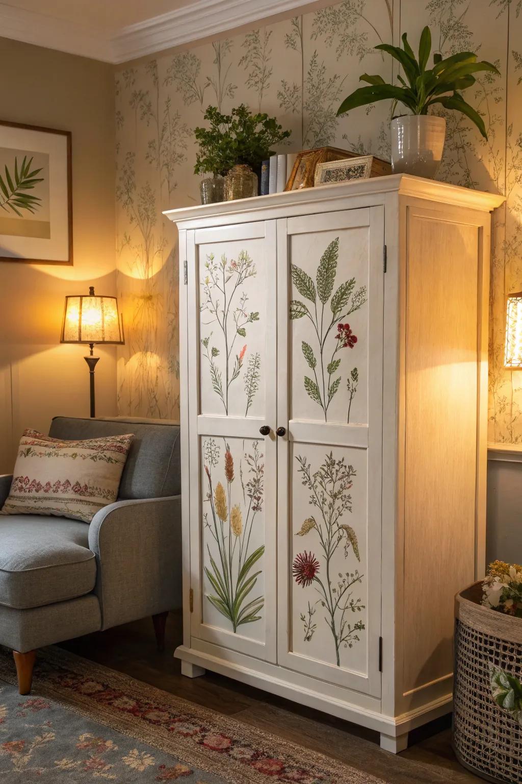 Decoupage transforms a cabinet into a work of art.