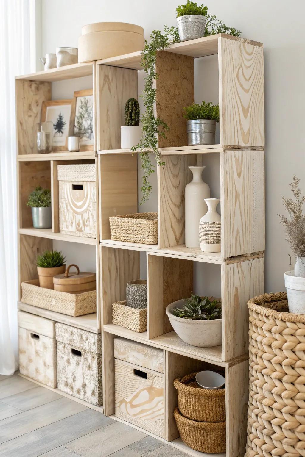 Transform your space with the rustic elegance of upcycled wine box shelves—where simplicity meets sophistication.