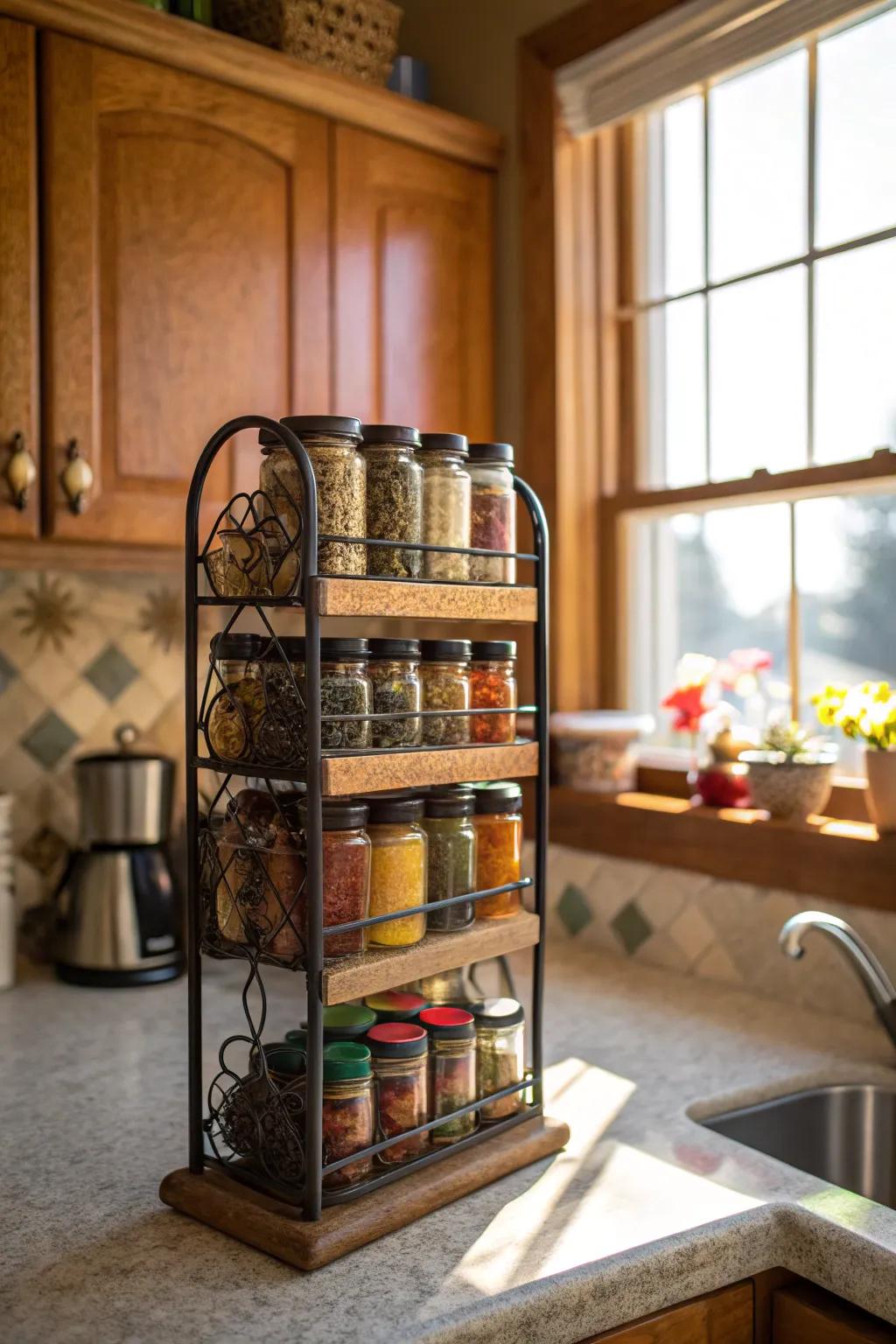 Repurpose a CD rack for a neat spice organizer.