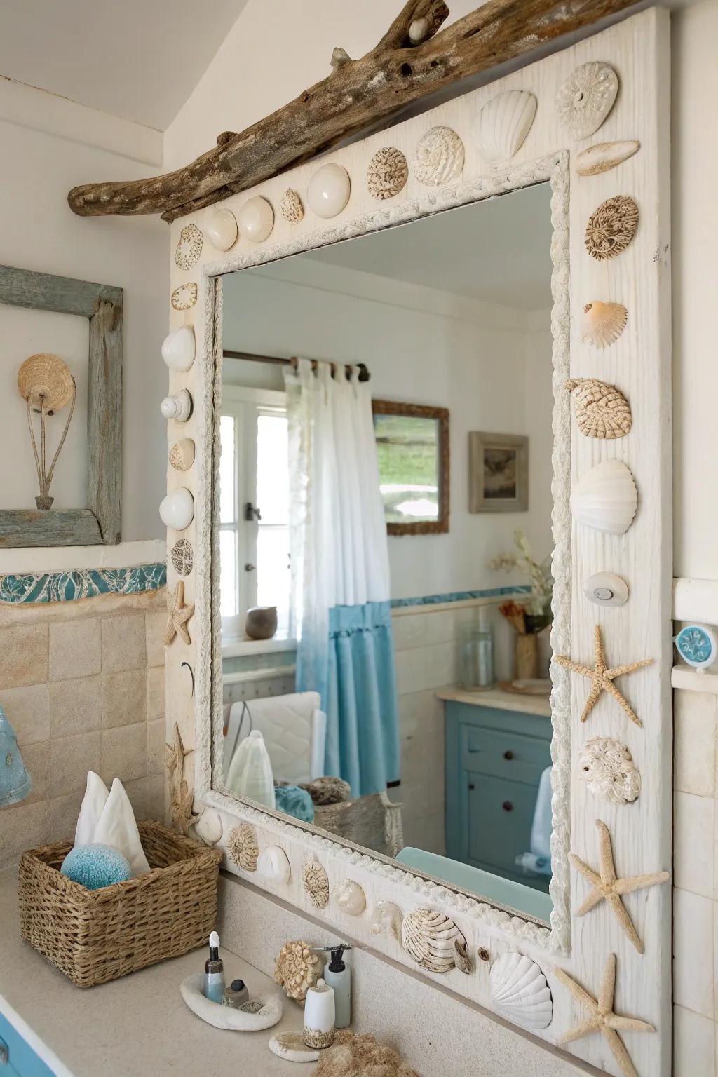 Seashells transform a mirror frame into a coastal treasure.