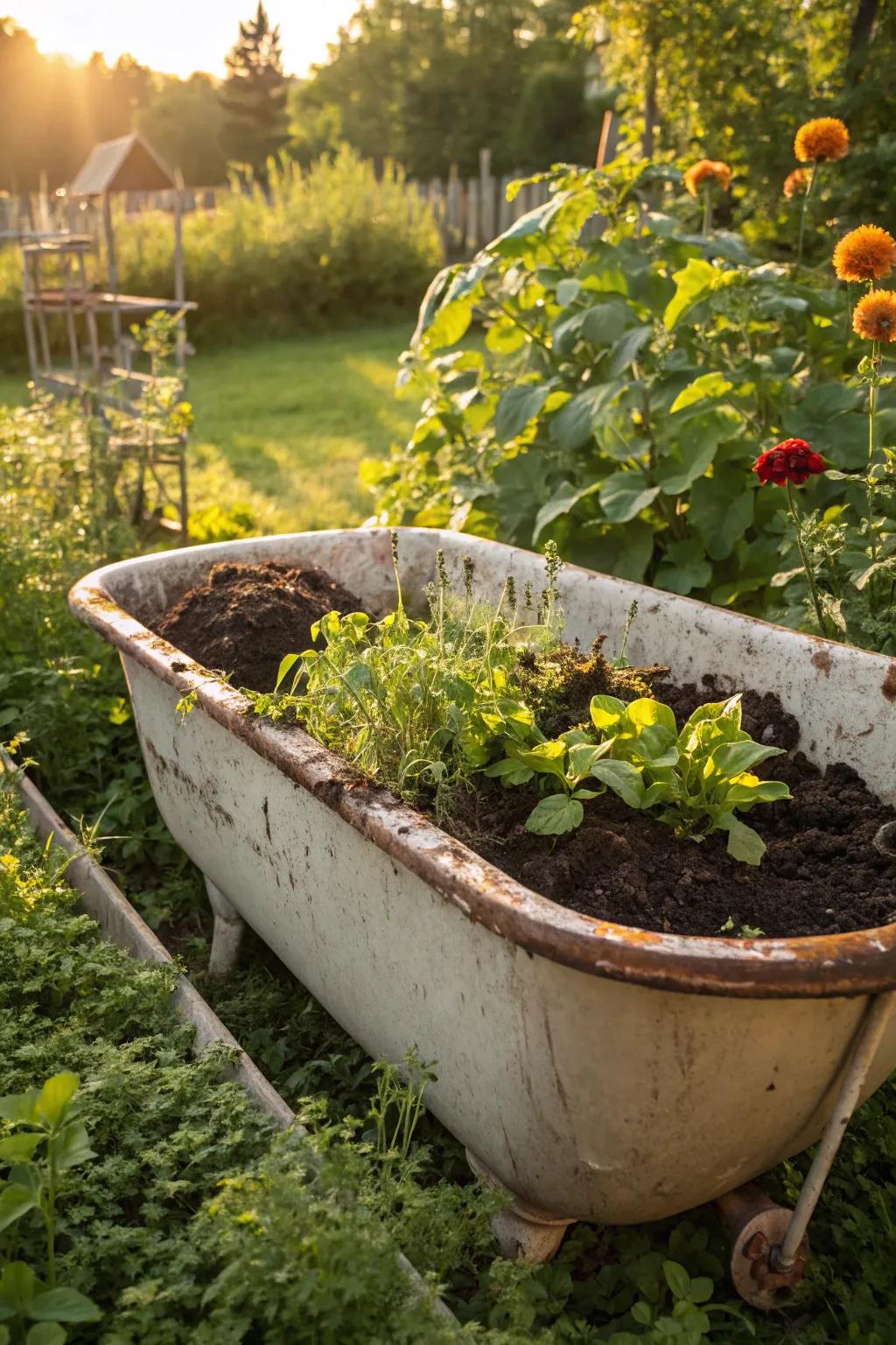 Transform your old bathtub into a stylish compost bin and let nature thrive!