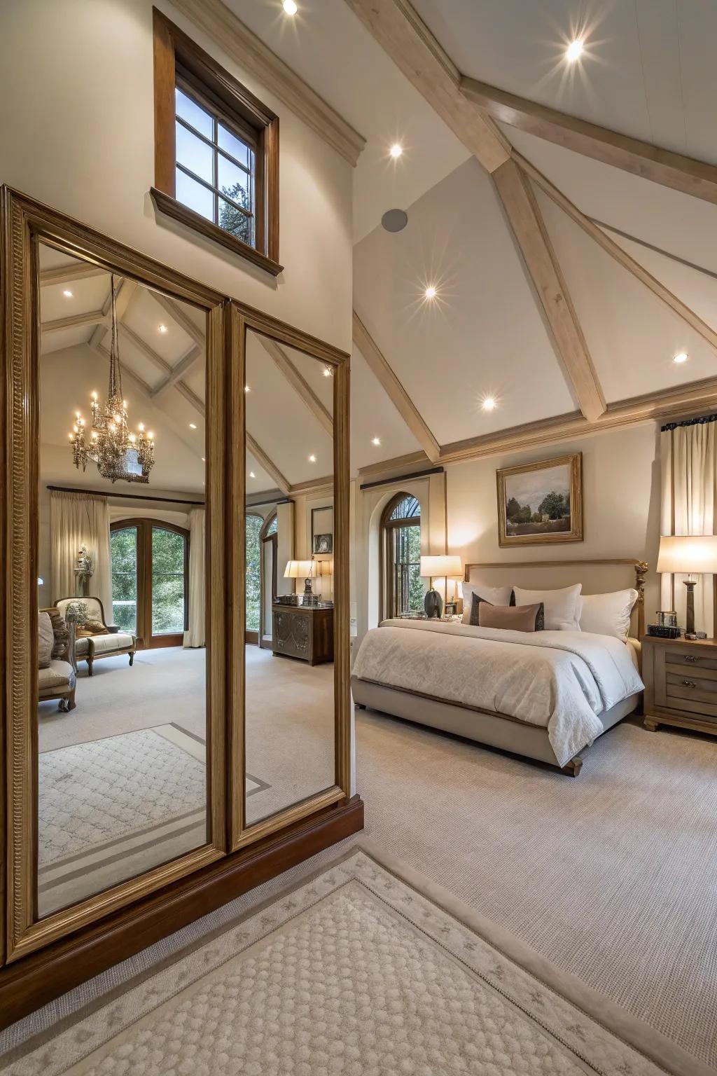 Large mirrors can amplify light and space in a bedroom with a vaulted ceiling.