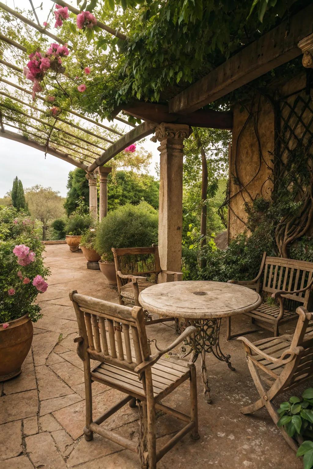 Furniture with natural patina adds depth and history to this vintage patio.