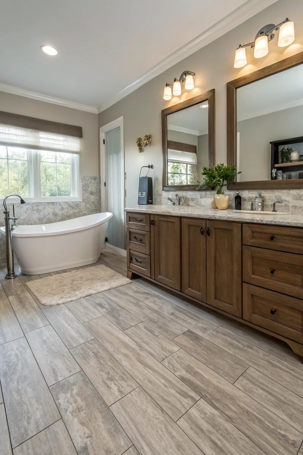 Neutral vinyl flooring offers timeless sophistication.