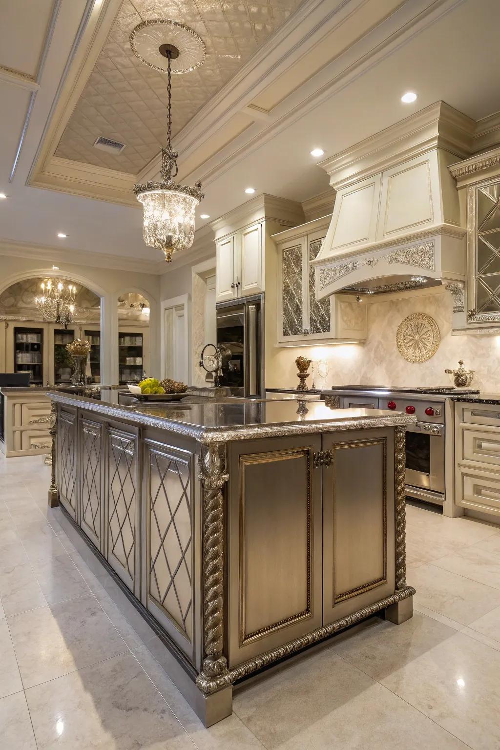 Metallic accents in wainscoting bring a touch of glamour to this kitchen island.