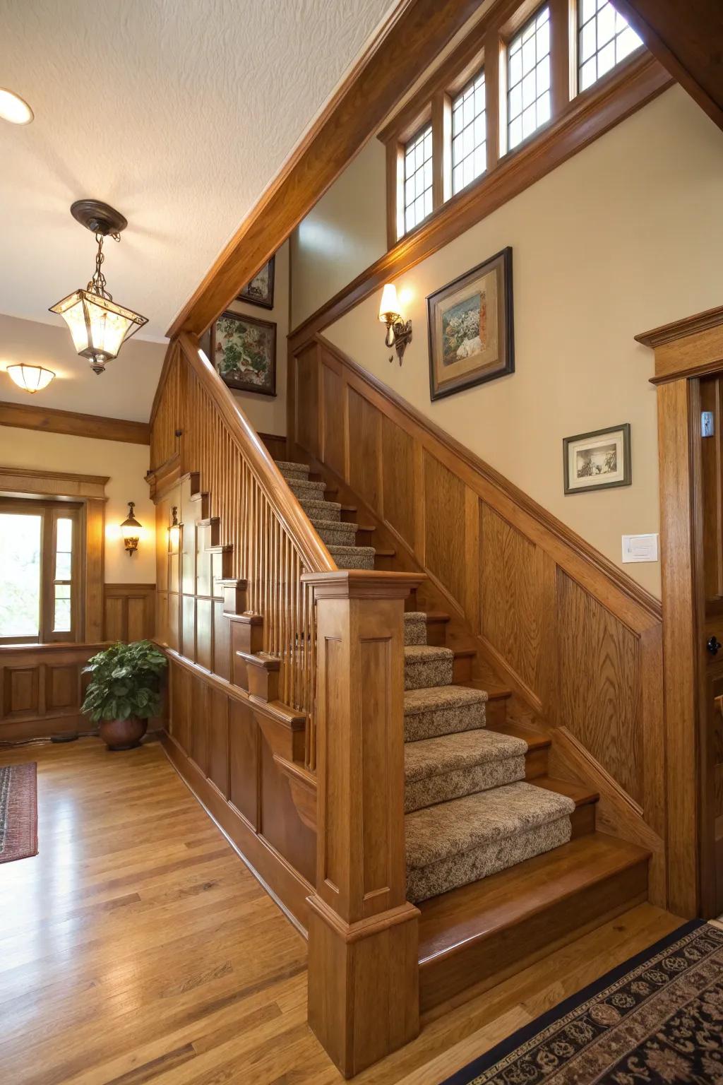 Wood trim accents for a warm and inviting stairwell.