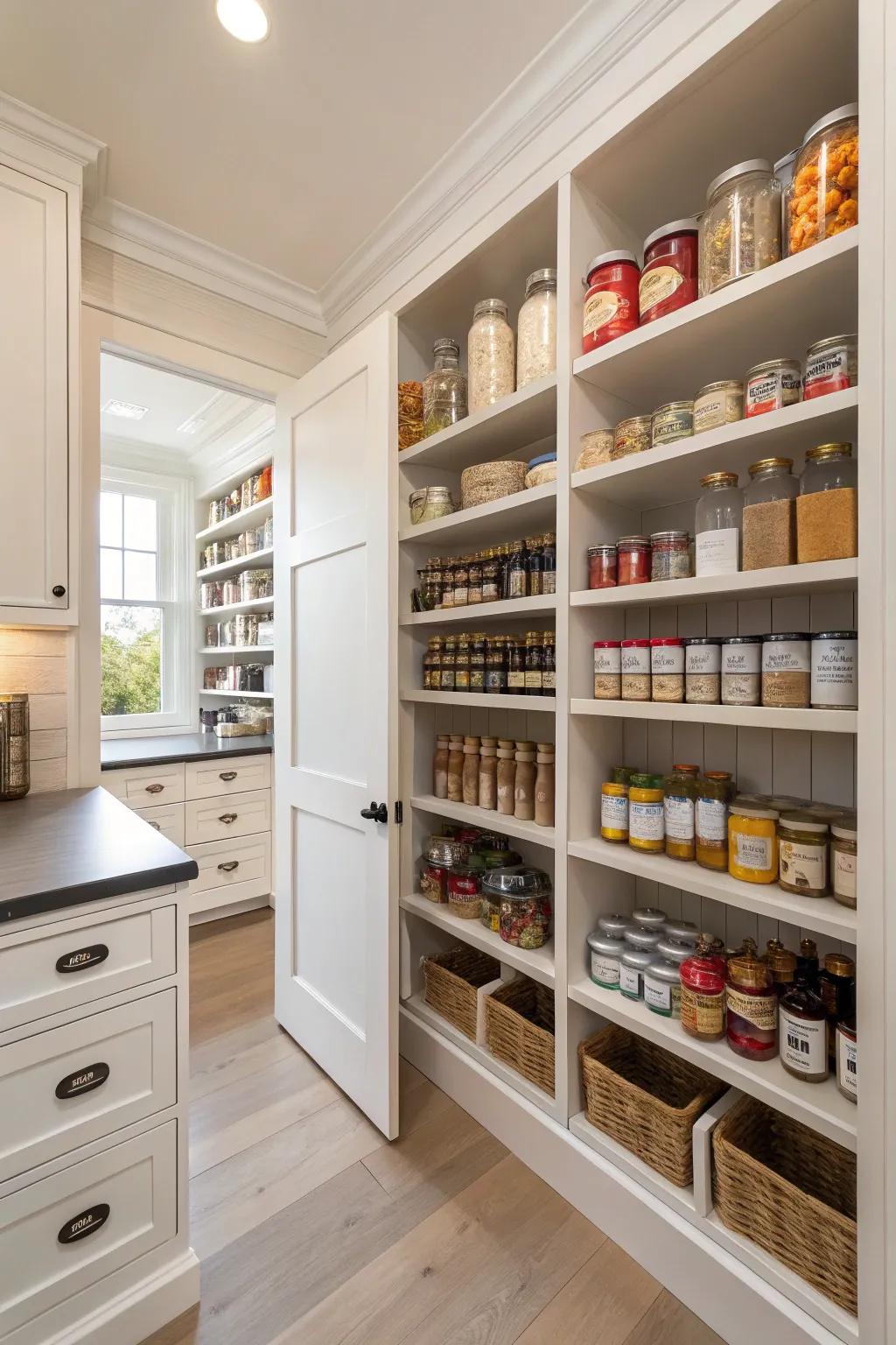 A specialty section in a walk-in pantry for hosting essentials.