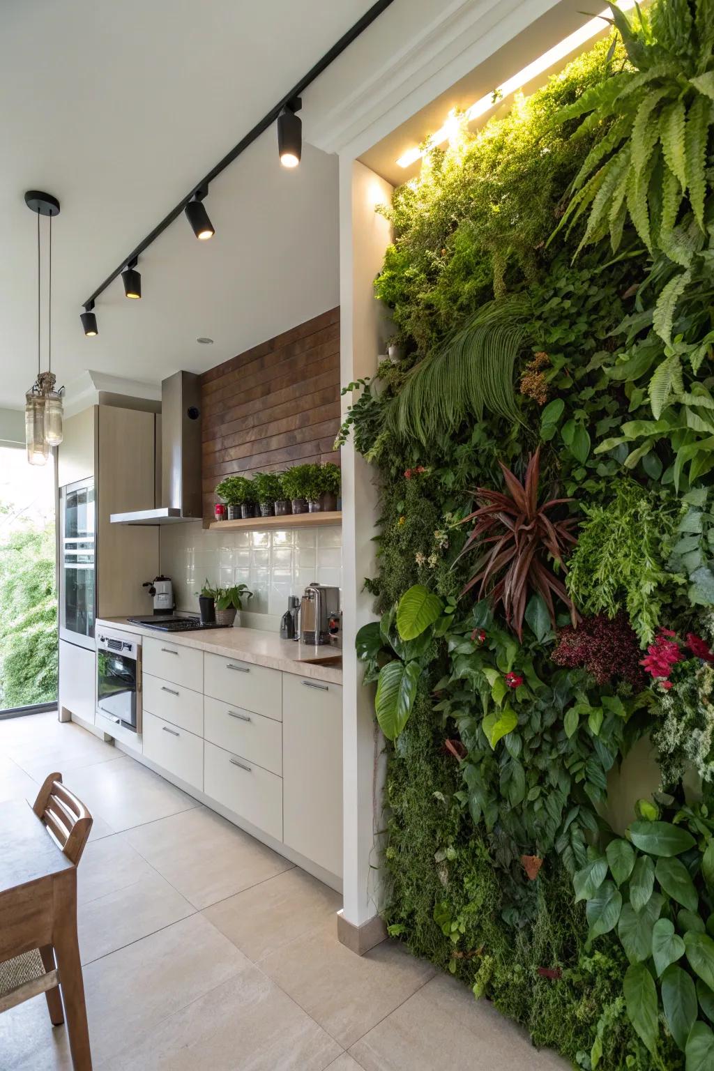 A living wall adds natural beauty and freshness to this kitchen.